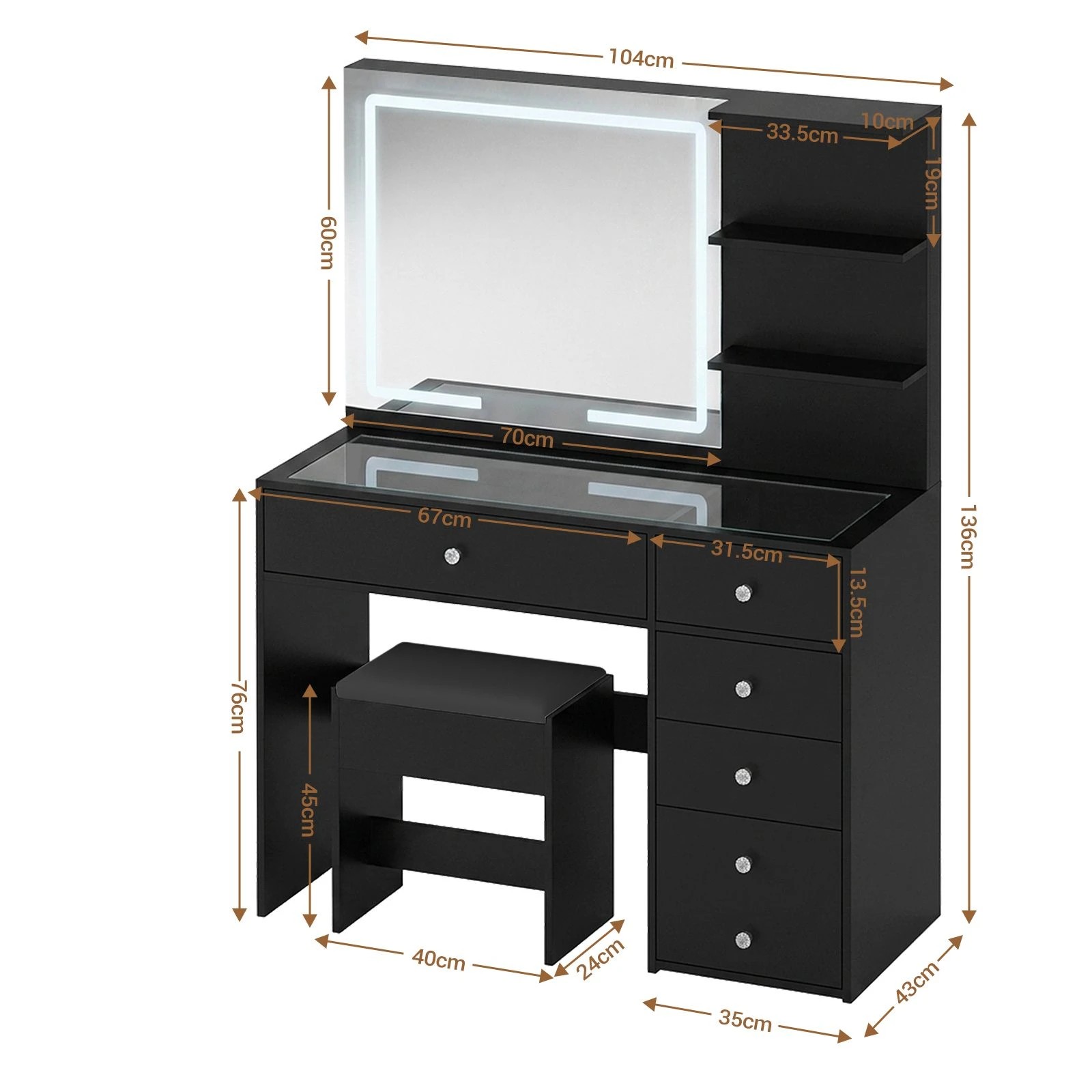 2 Ausway Dressing Table Stool Set with LED Lighted Mirror 3 Lighting Colours Drawers Shelves Glass Tabletop, 2 of 6