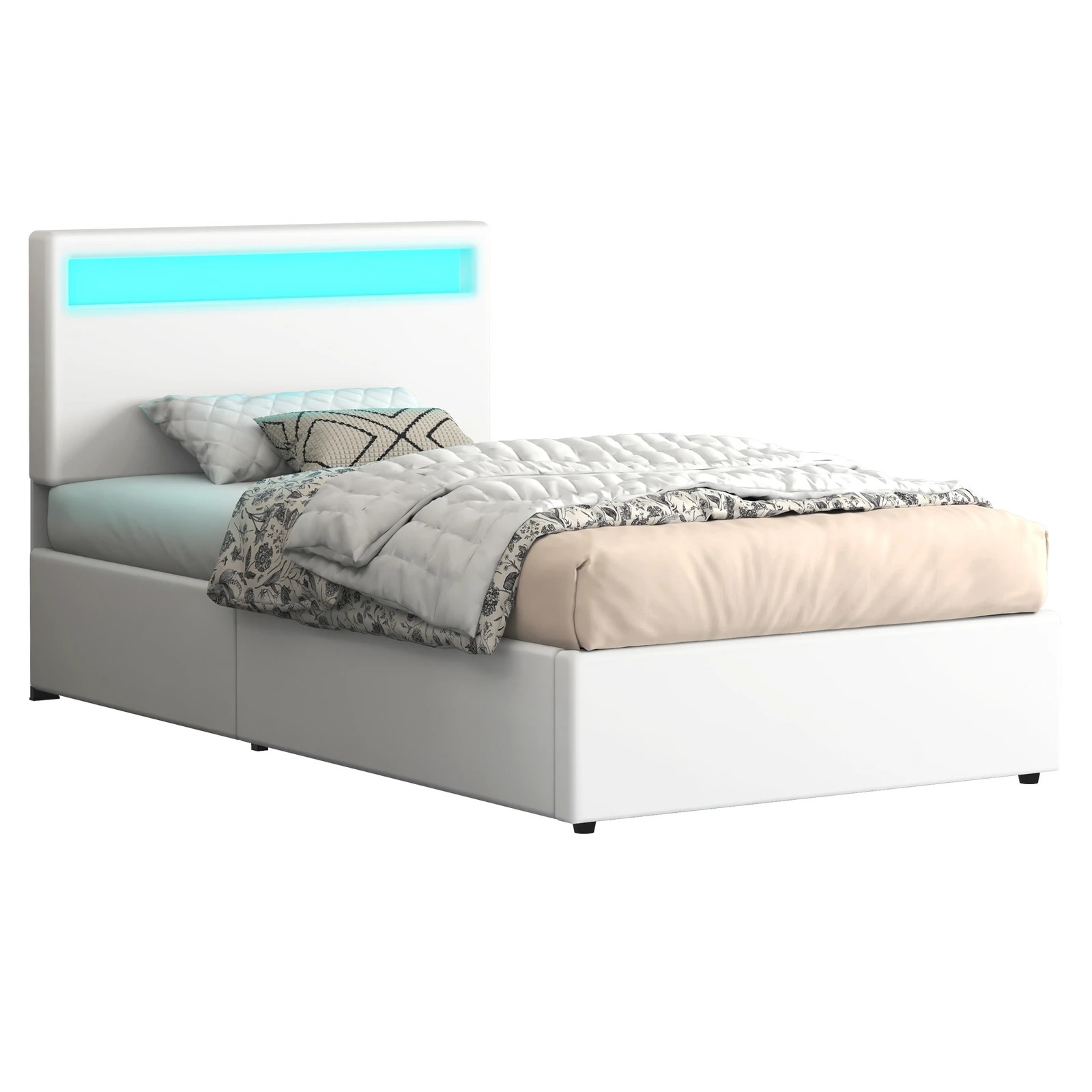 1 Alfordson Bed Frame Single Size RGB LED Gas Lift Storage Base Luchino - White, 1 of 10