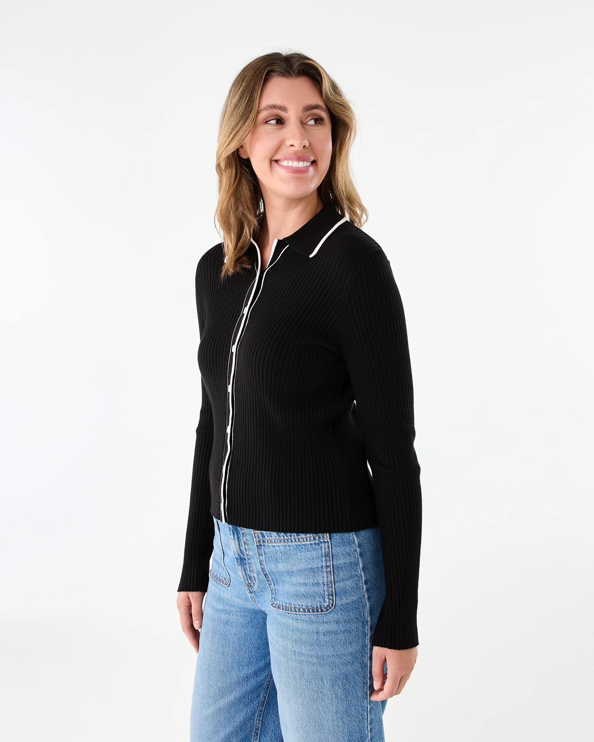 2 Long Sleeve Tipped Polo Top Black, 2 of 7