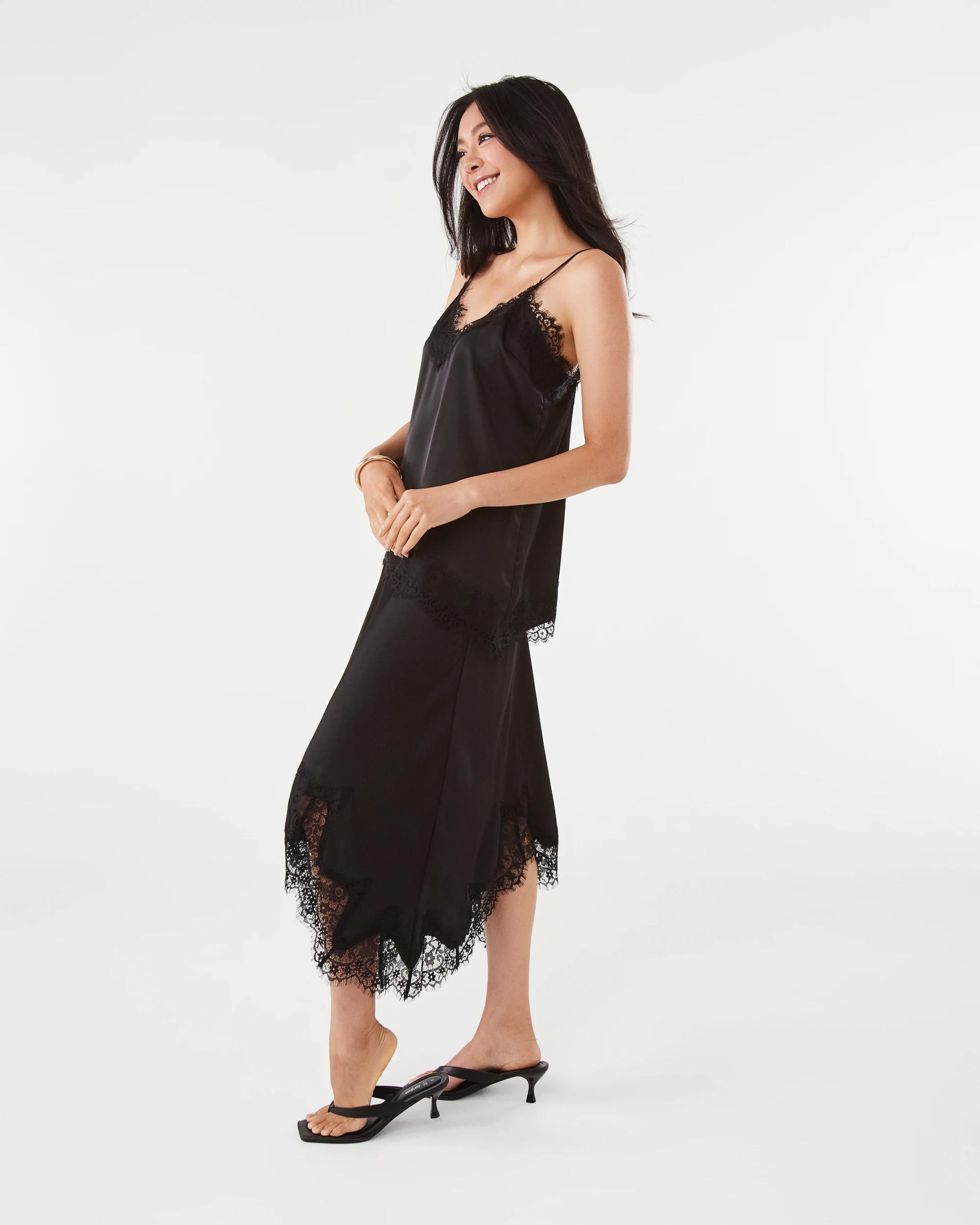 4 Satin Asymmetrical Lace Trim Skirt Black, 4 of 7