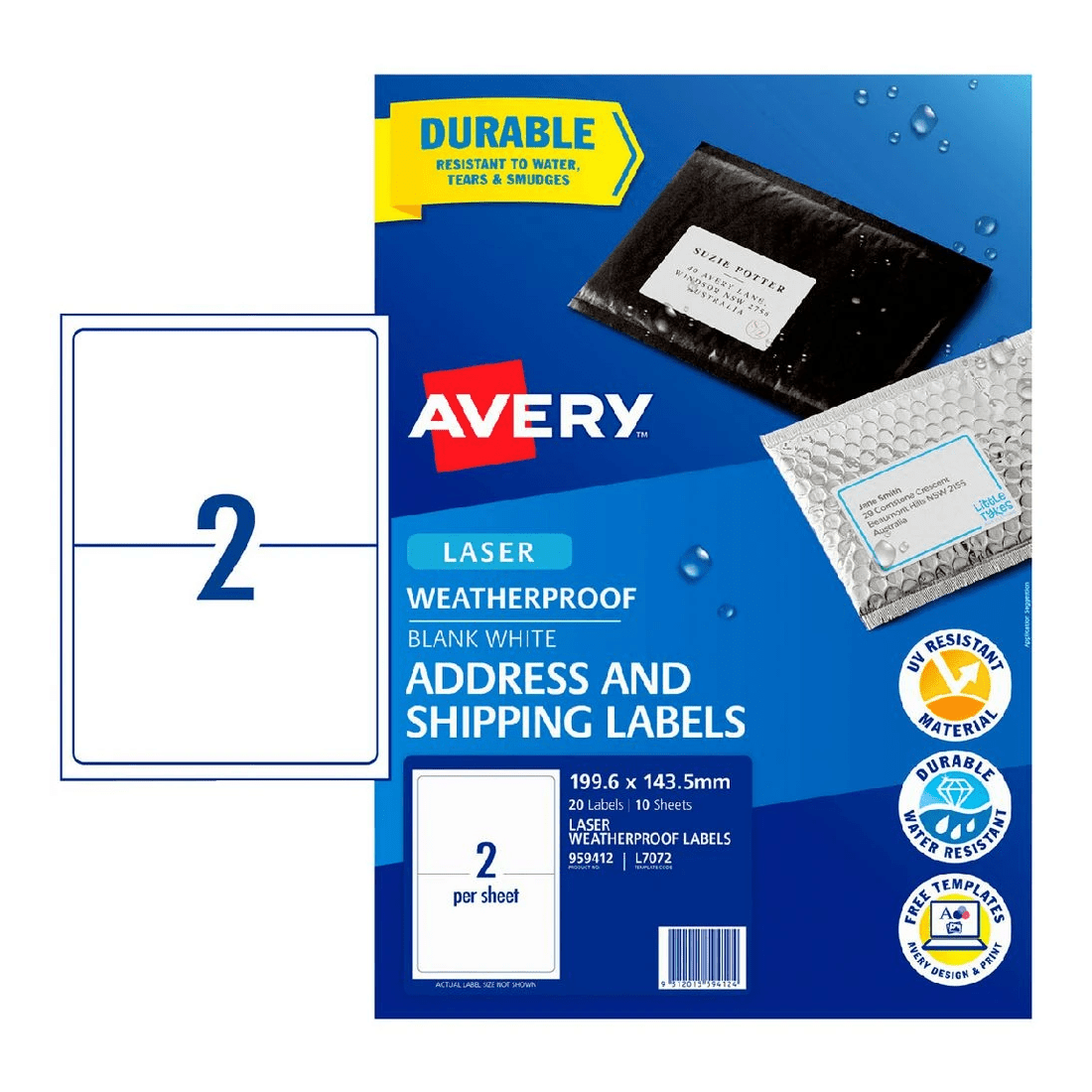 1 Avery 2UP Laser Weatherproof Shipping Labels White 10 Sheets, 1 of 2