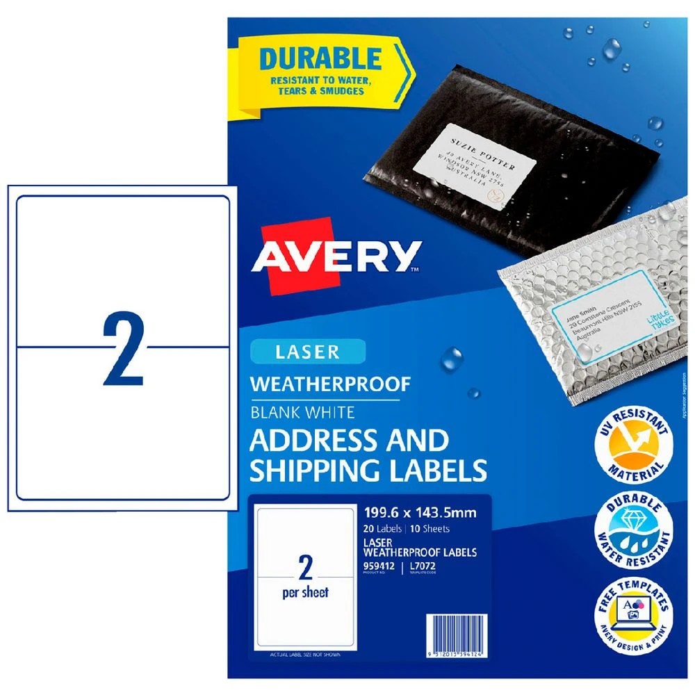 1 Avery 2UP Laser Weatherproof Shipping Labels White 10 Sheets, 1 of 2