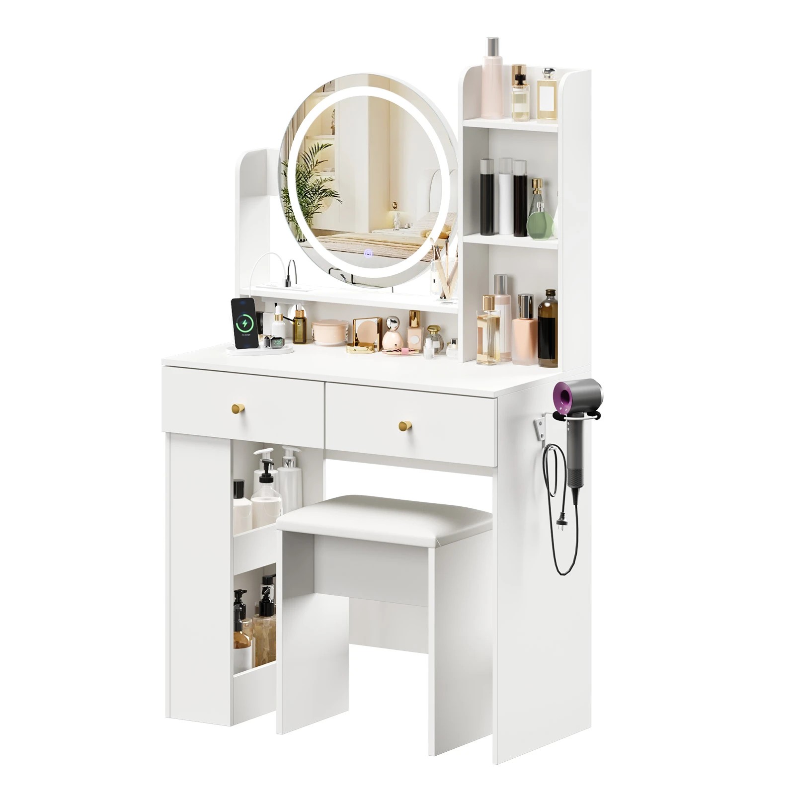 1 Advwin Dressing Table Set with LED Lighted Round Mirror - White, 1 of 9