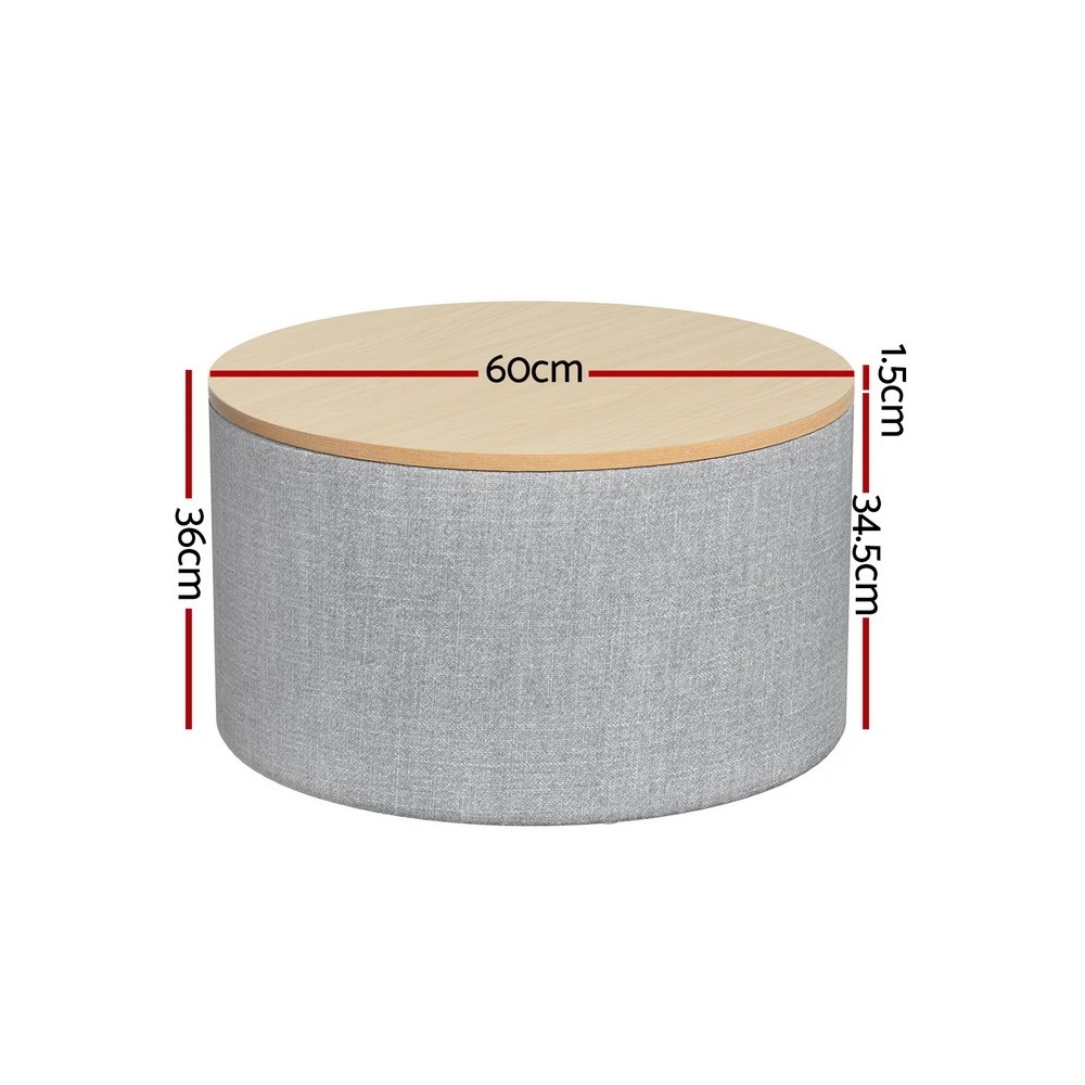 2 Artiss Storage Ottoman Blanket Box 60cm Linen Round - Grey, 2 of 5