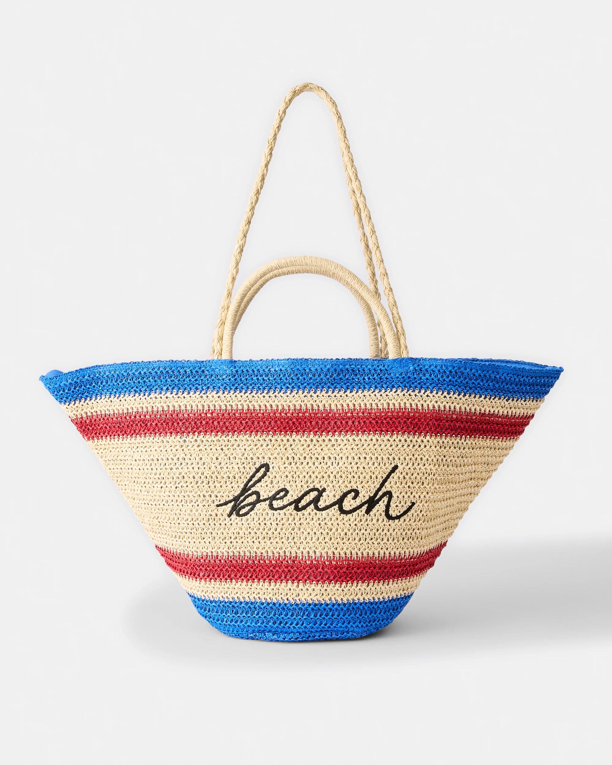 1 Basket Straw Tote Bag Beach Strp, 1 of 5