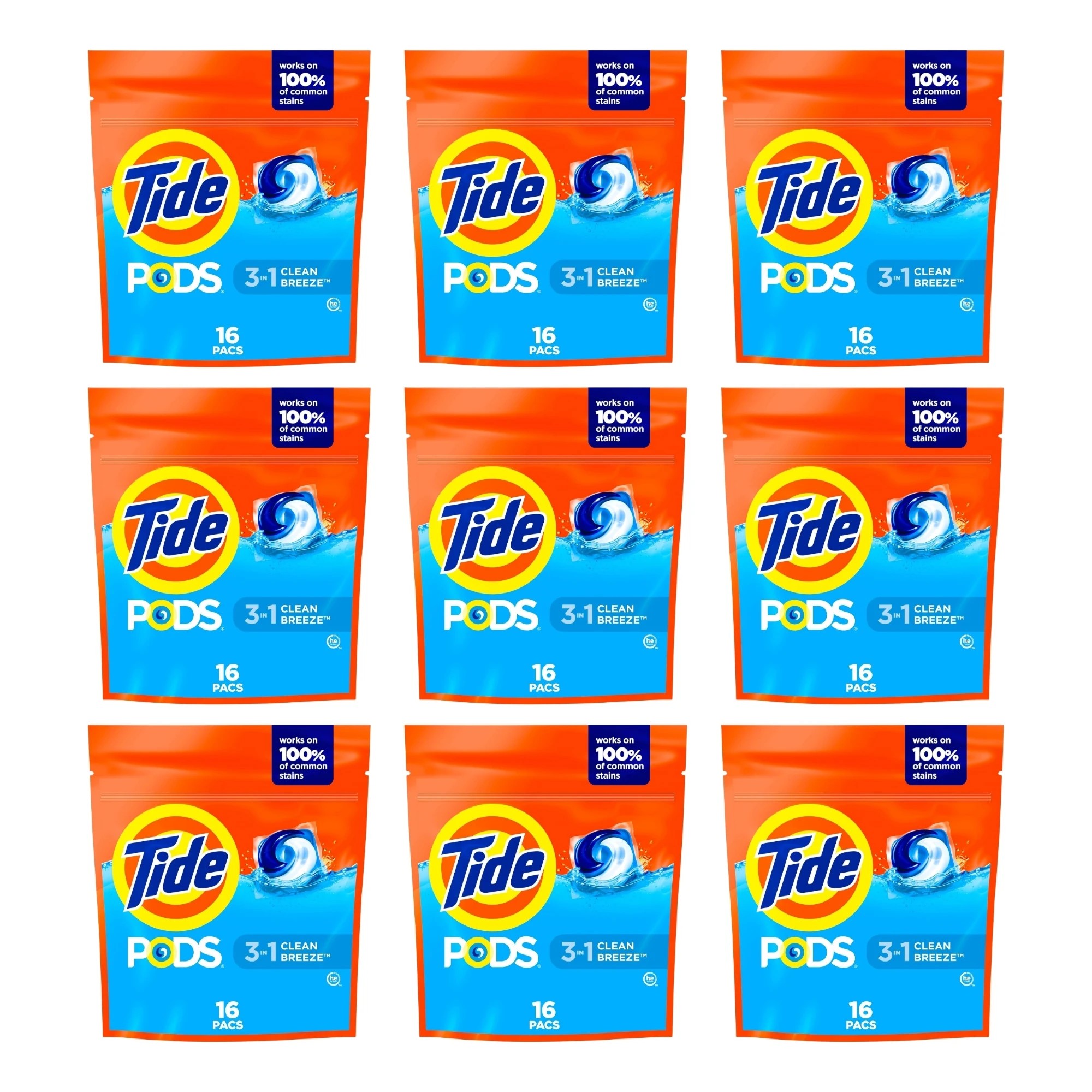 1 Tide 3 in 1 Clean Breeze Laundry Pods 16 Pack x9, 1 of 3