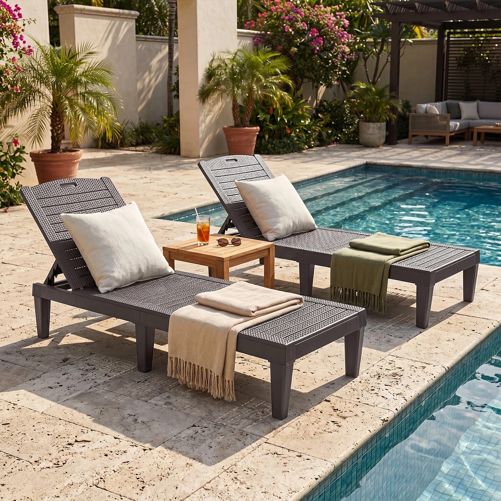 3 Livsip 2-Piece Sun Lounger Adjustable Recliner Chairs Patio Outdoor Furniture - Brown, 3 of 7