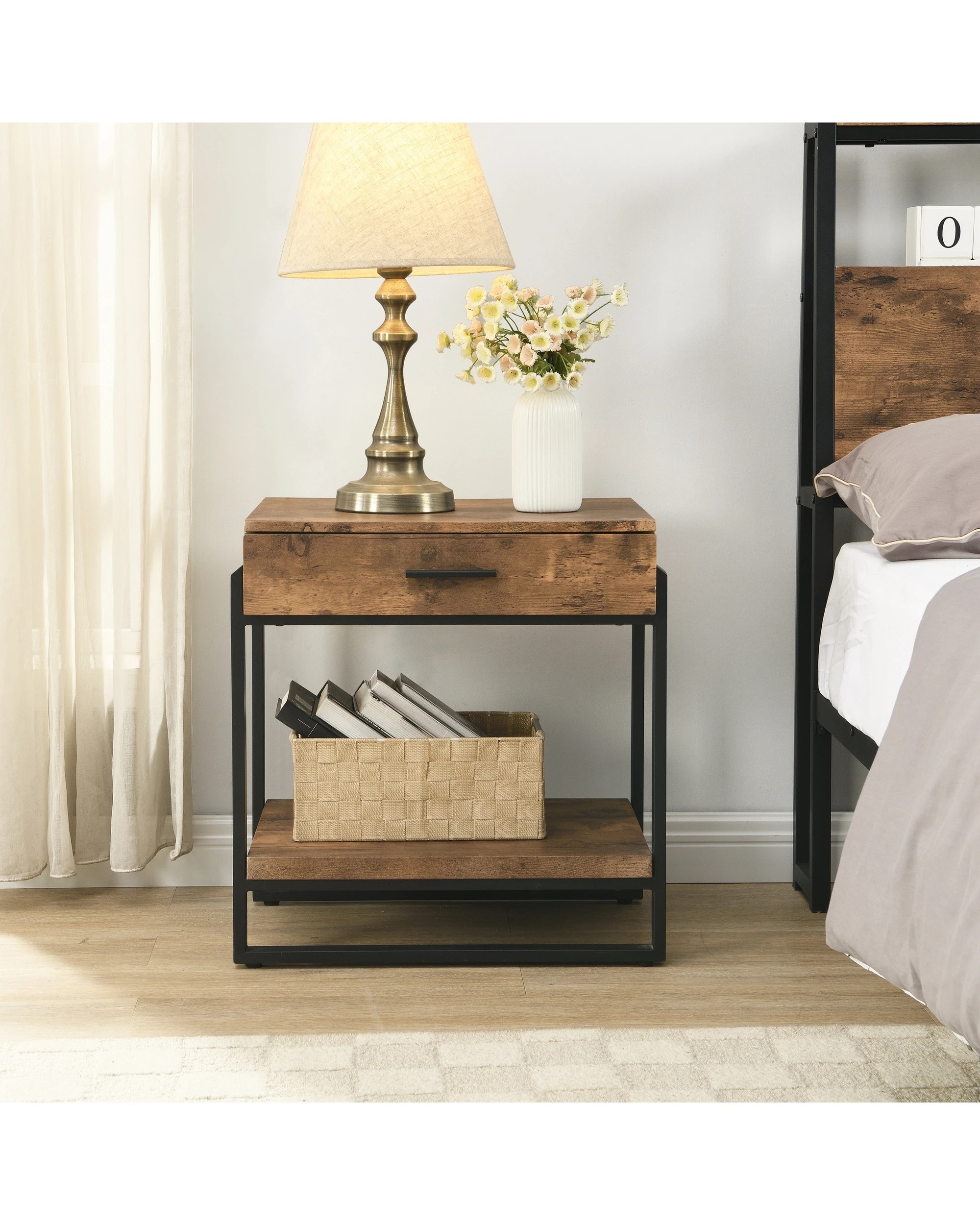 3 IHOMDEC Industrial Nightstand Side Table with Drawer and 2 Shelves, 3 of 5