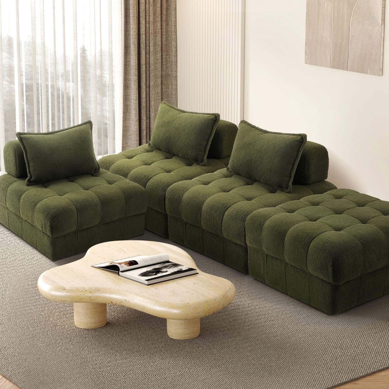 9 Oikiture 4 Seater Boucle Modular Sofa & Ottoman Set Armless Tofu Back
 - Green - Green, 9 of 10