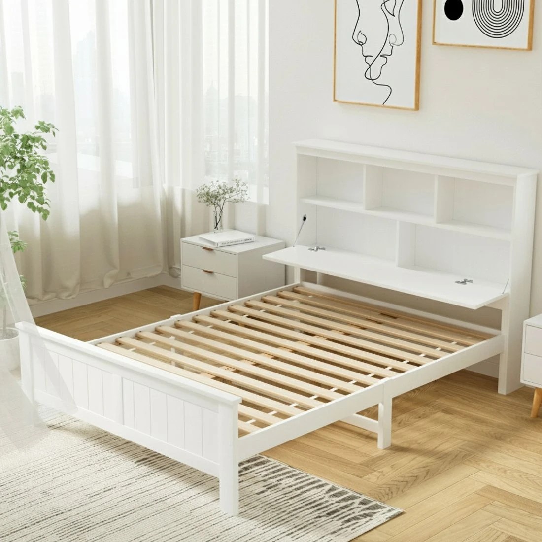 8 Artiss Bed Frame Double Size en with 3 Shelves Bed Head - White, 8 of 10