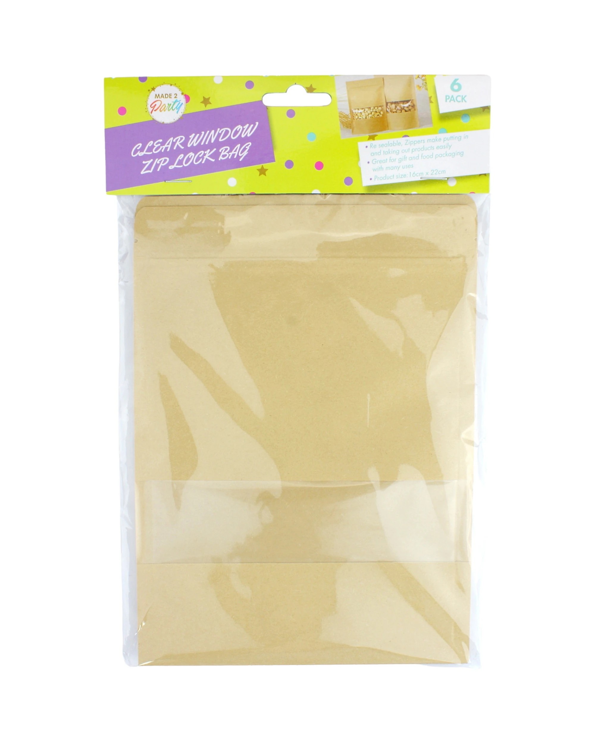 3 Made 2 Party Paper Resealable Bags with Windows 22cm Pack of 6 - Brown, 3 of 3