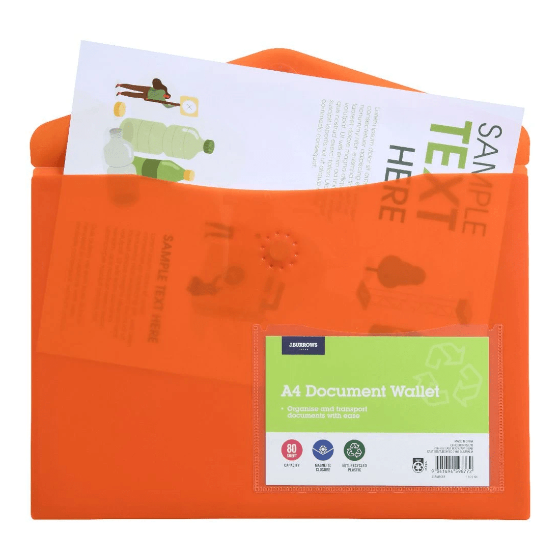 2 J.Burrows A4 Document Wallet Magnetic Closure Orange, 2 of 4