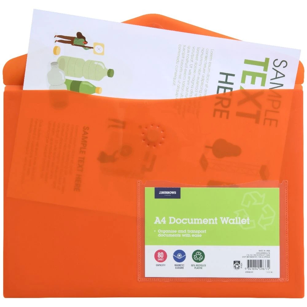 2 J.Burrows A4 Document Wallet Magnetic Closure Orange, 2 of 4