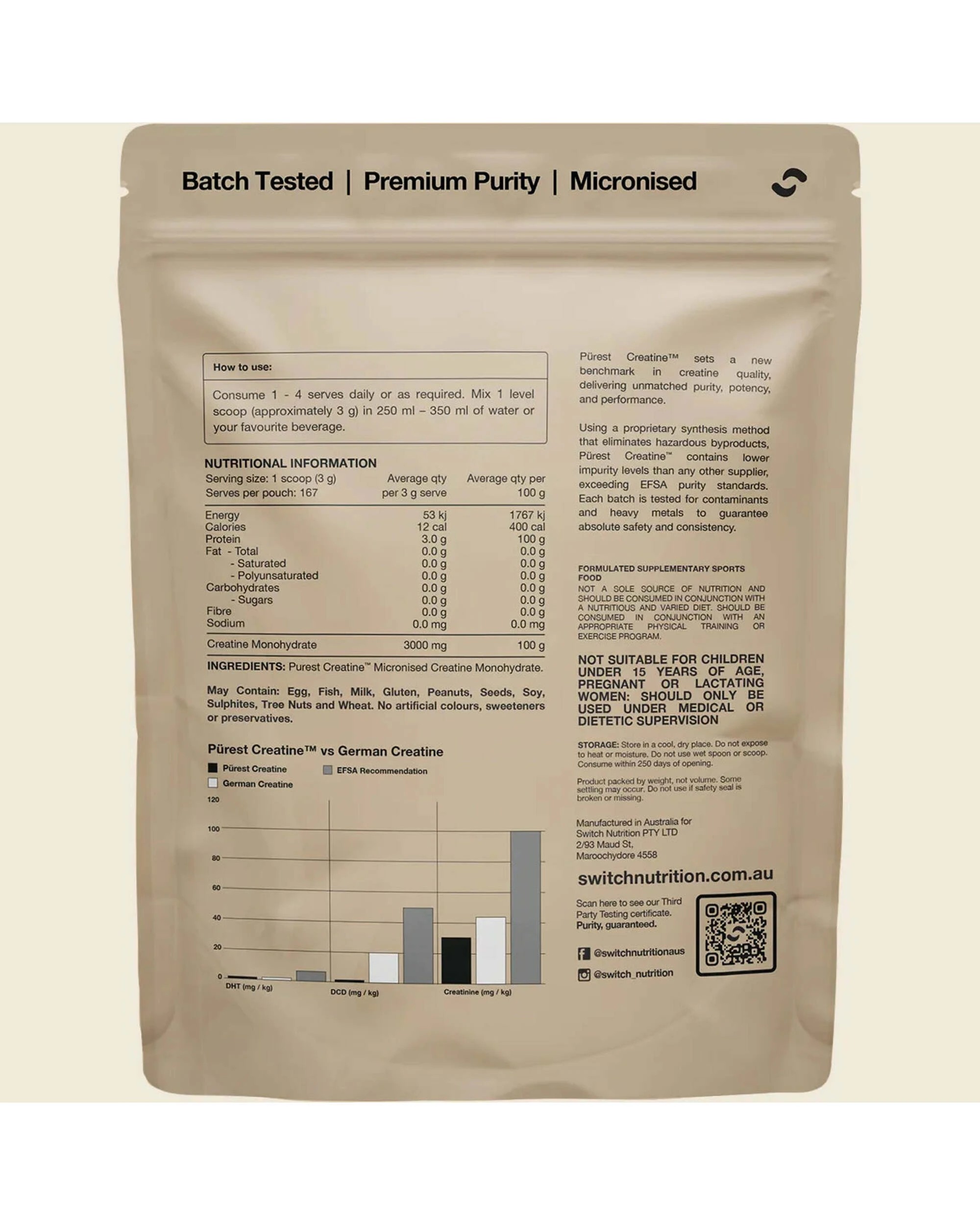 3 Switch Nutrition Purest Creatine Monohydrate 500g Micronised Unflavoured Powder 167 Serves, 3 of 3