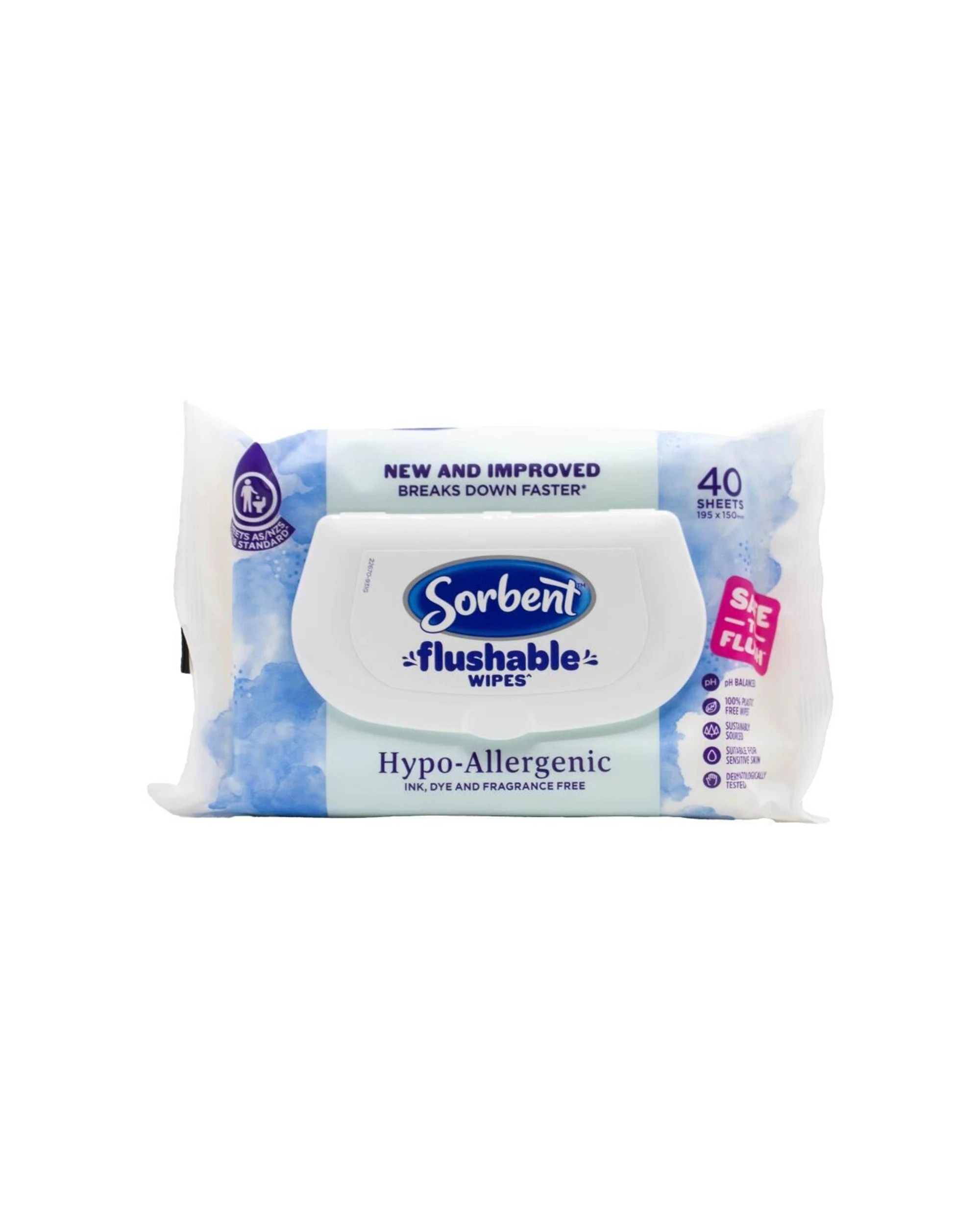 2 Sorbent Flushable Wipes 14x 40pc Hypo Allergenic Non-Scented Disposable - White, 2 of 3