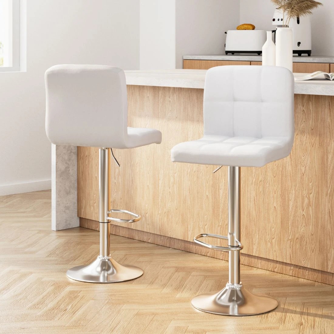 3 Artiss 2x Bar Stools Leather Gas Lift - White, 3 of 8