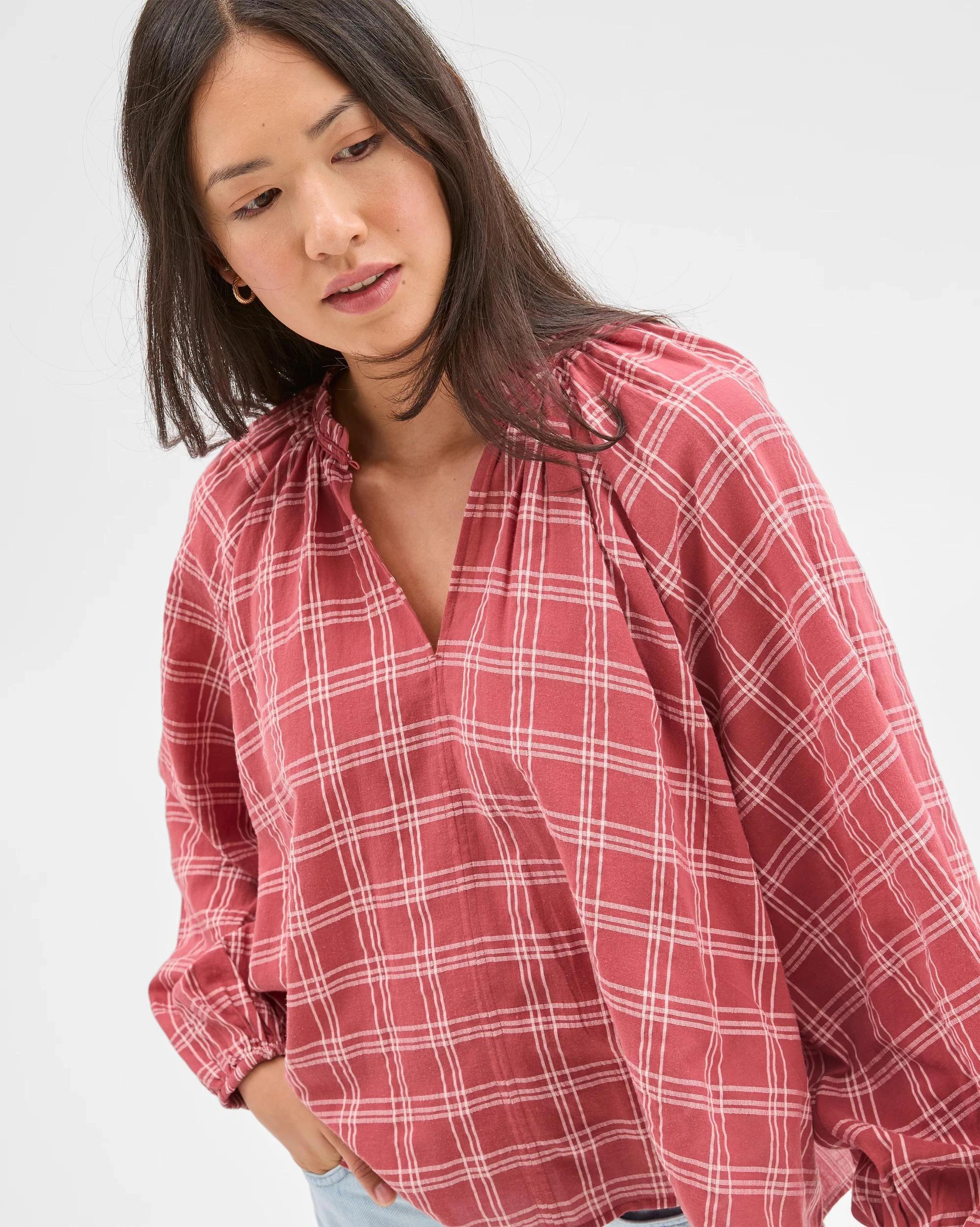 2 Target Woman Long Sleeve Check Detail Blouse MARSALA, 2 of 5