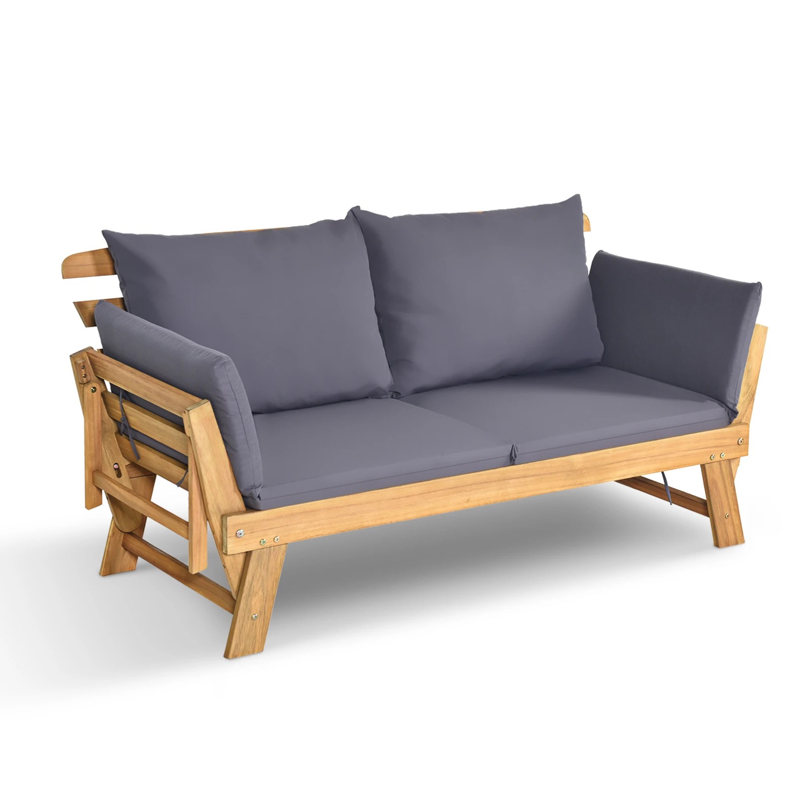 1 Costway Outdoor Acacia Wood Patio Sofa w/Adjustable Armrest - Grey, 1 of 3