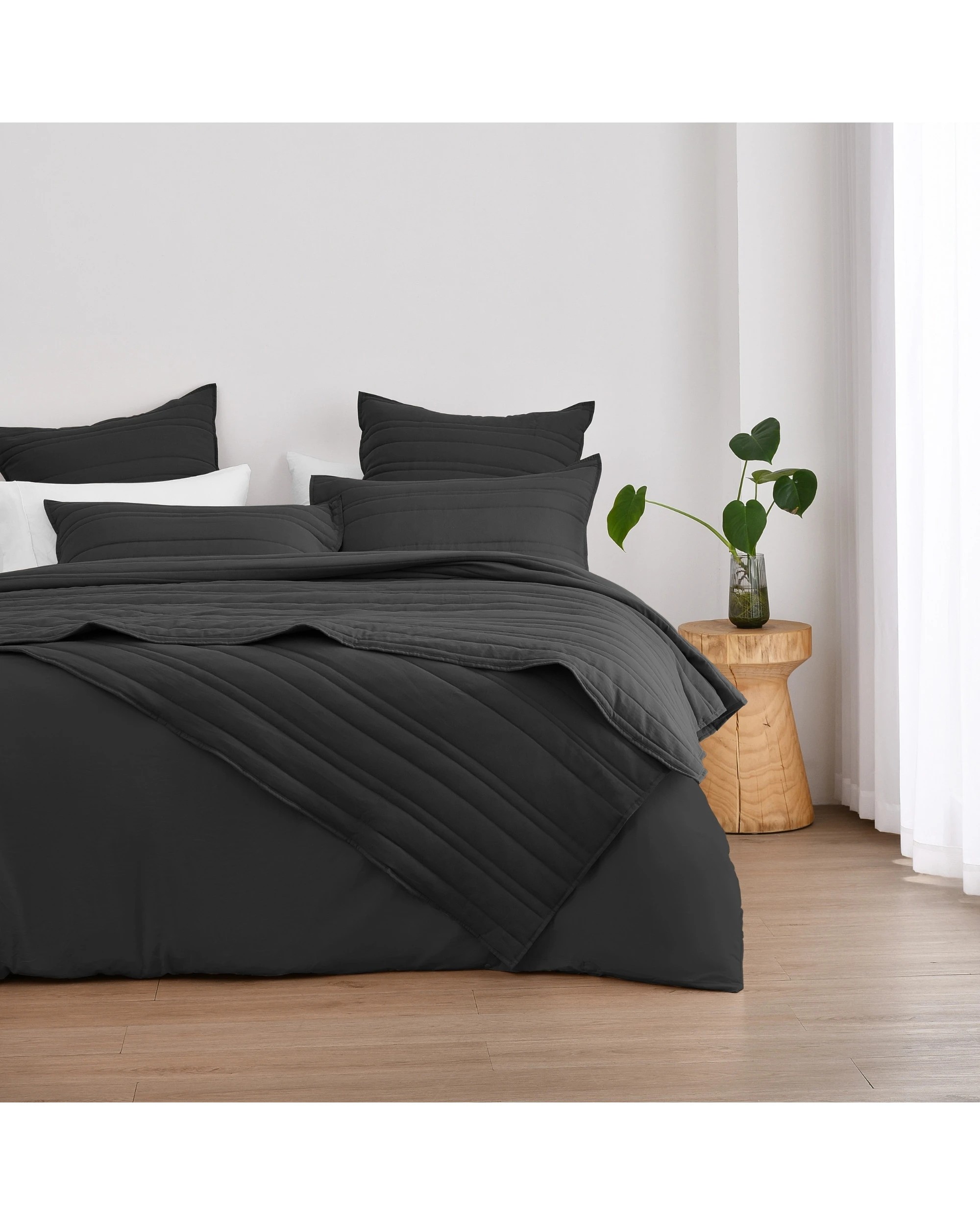 6 Dreamaker Superfine Washed Microfibre Stripe Quilted Coverlet Set - Super King Bed - Black, 6 of 7