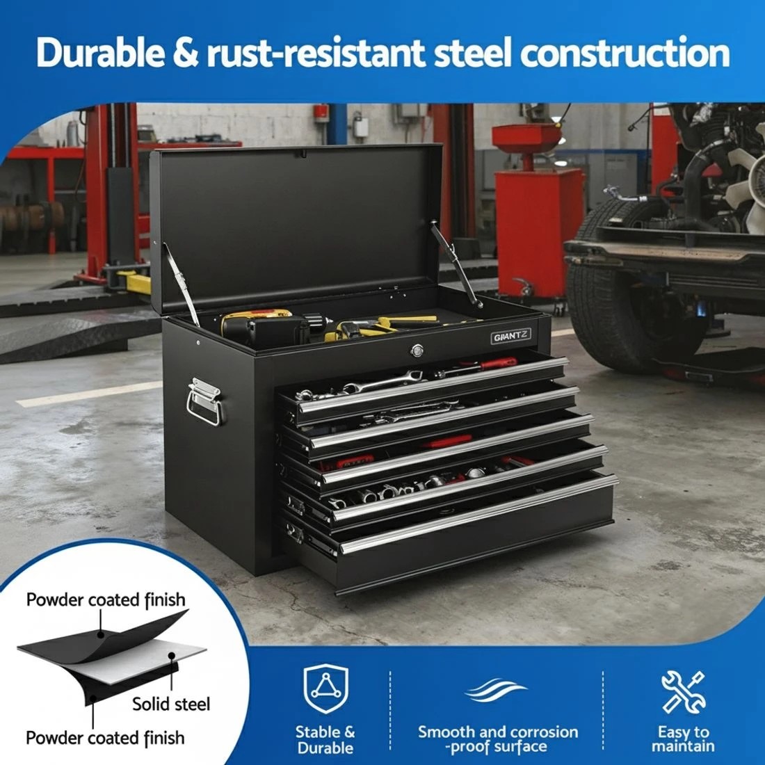 4 GIANTZ 5 Drawer Tool Chest Box Cabinet Lockable Garage Storage Organiser - Black, 4 of 7