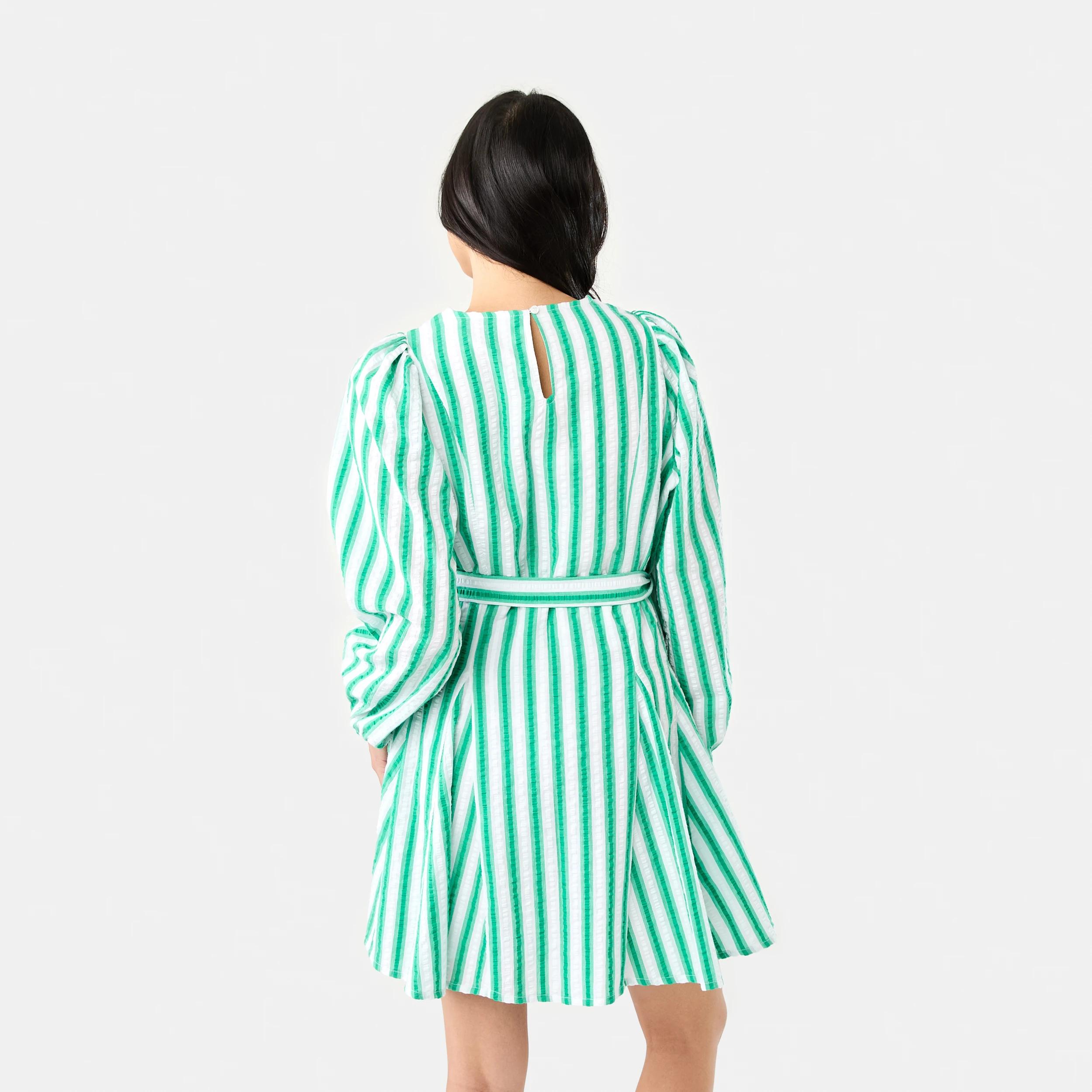 4 Long Balloon Sleeve Crew Neck Mini Dress S Strp Grn, 4 of 9