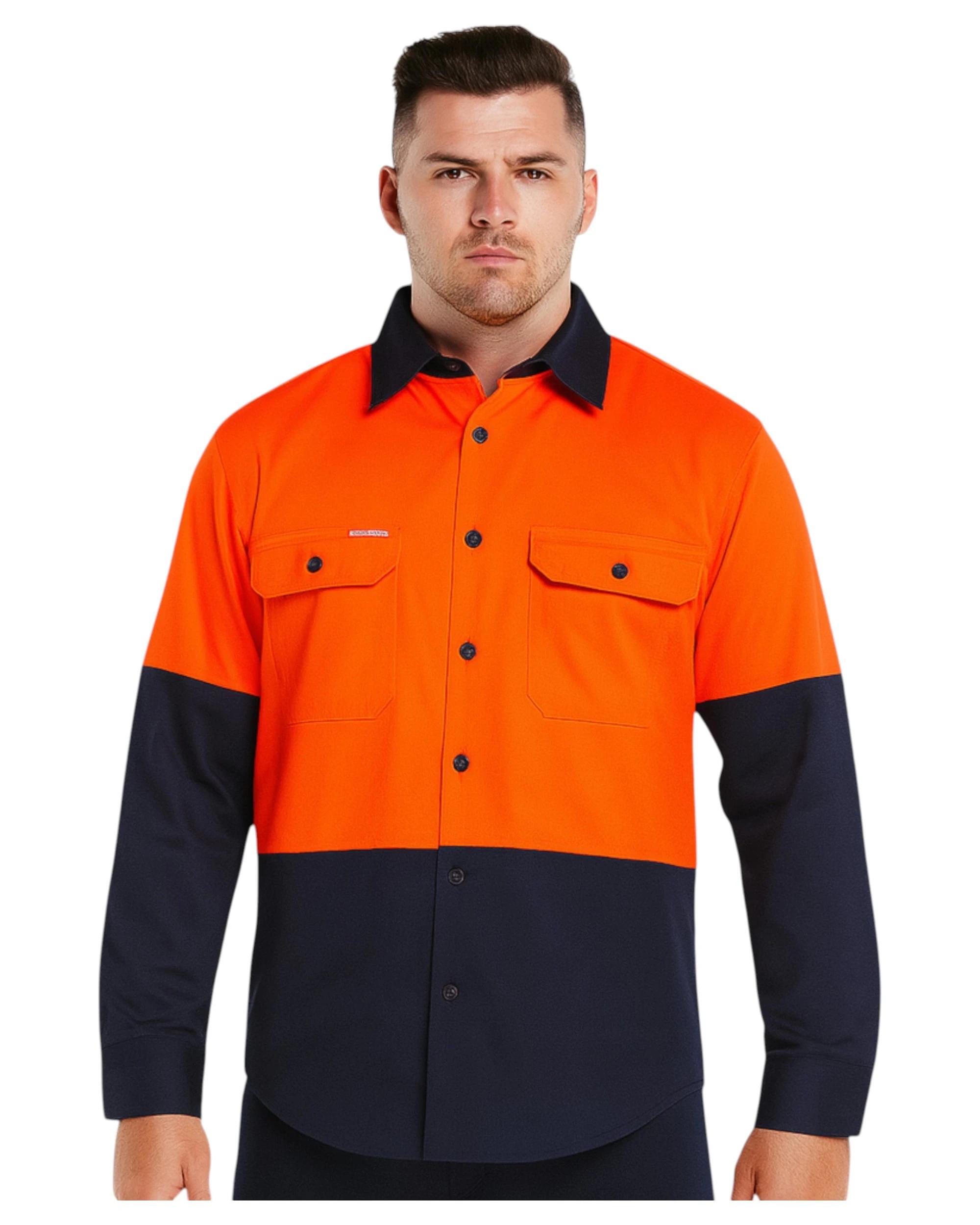 3 Hard Yakka 3 Pack Basic 2 Tone Long Sleeve Vented Drill Shirt Orange/navy, 3 of 6