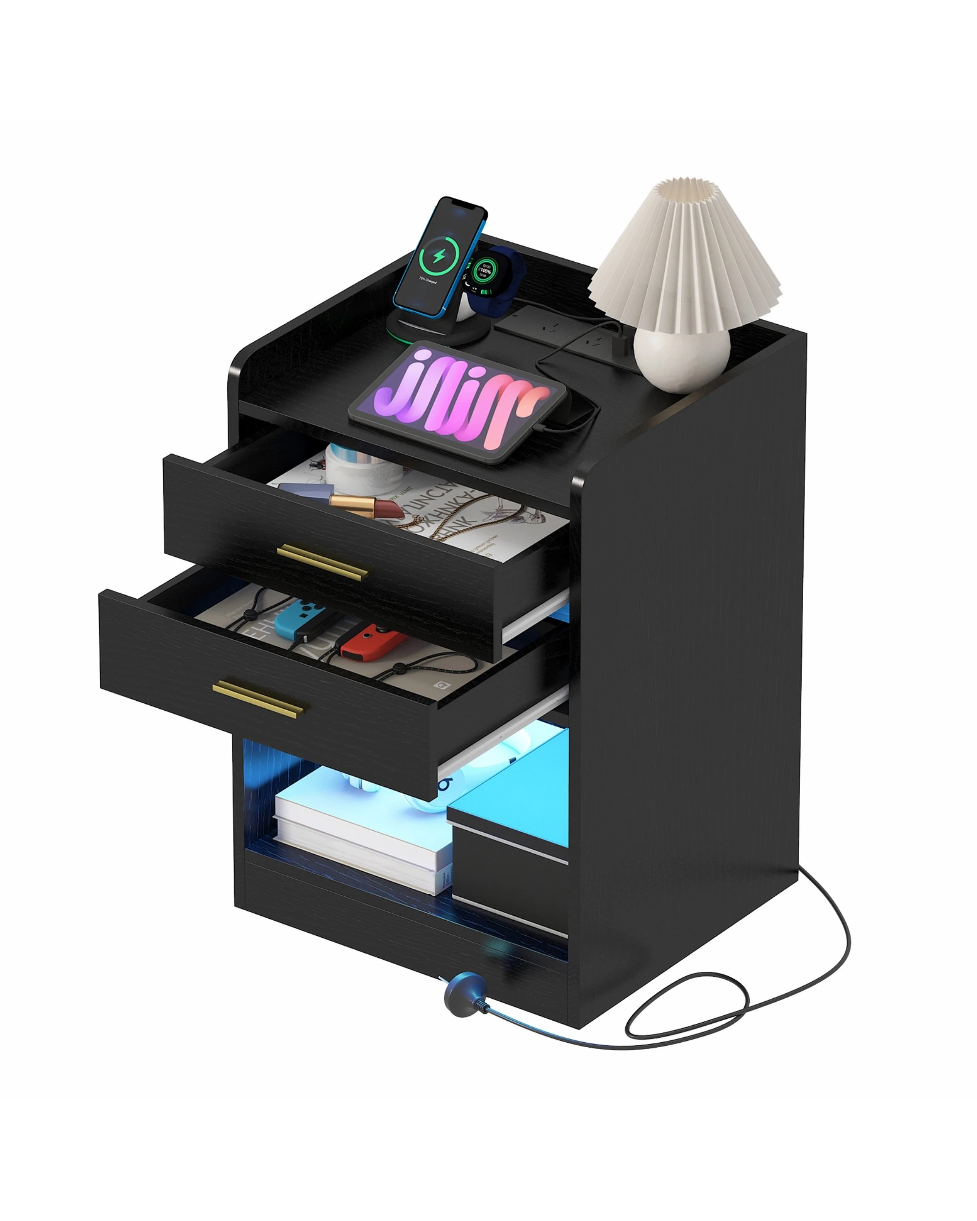 7 Advwin LED 2x Bedside Table with Charging Station 2 Drawers Nightstand - Black, 7 of 7