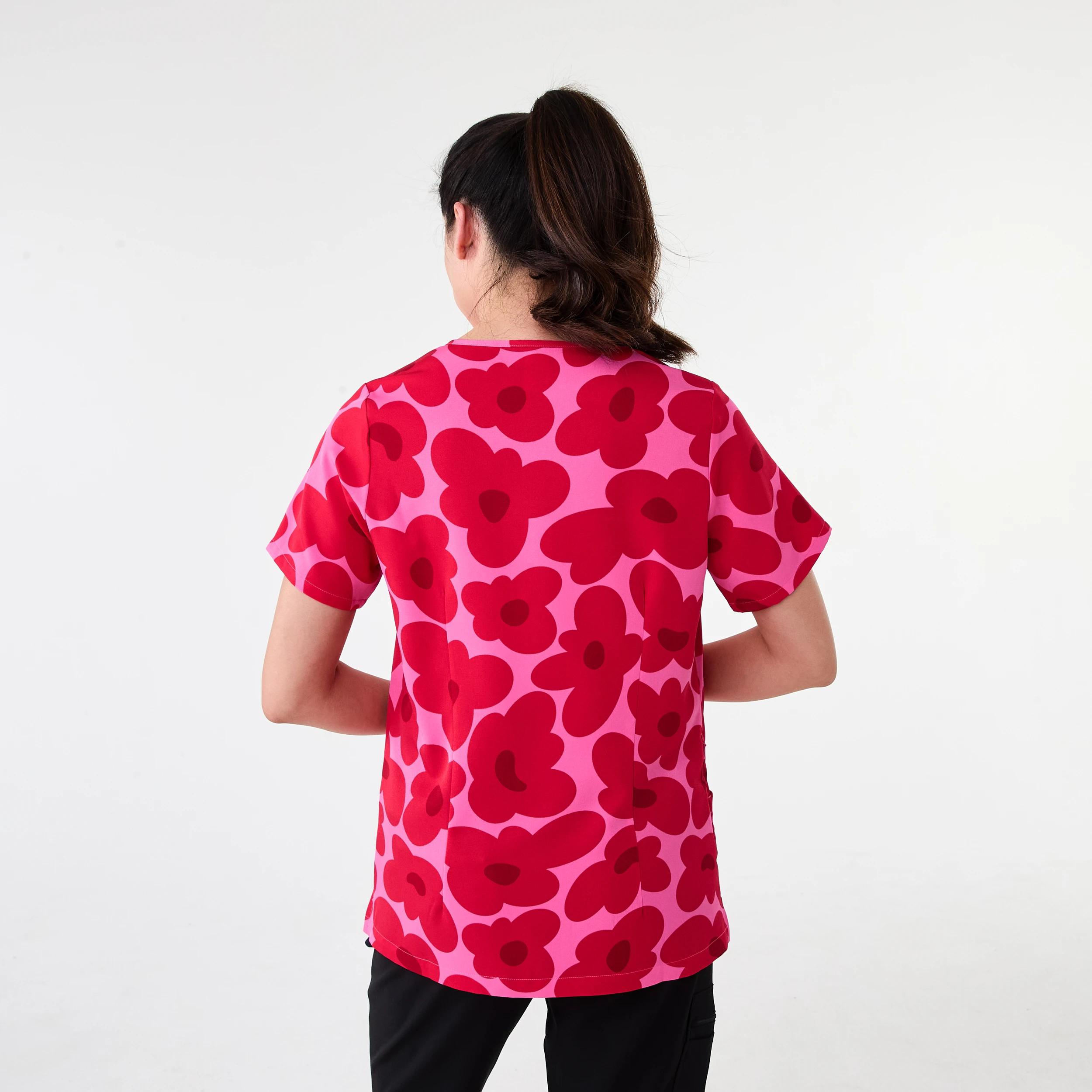 3 Womens Short Sleeve Print Scrub Top Pnk Flower, 3 of 7