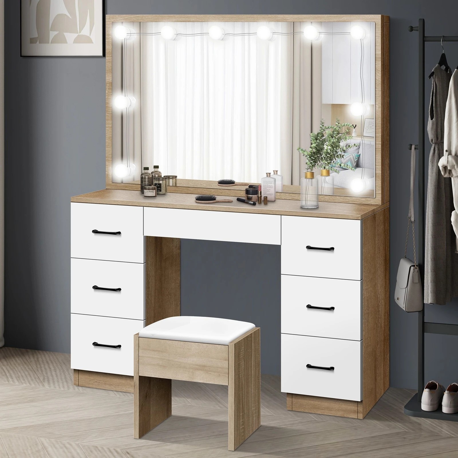 2 Alfordson Dressing Table Stool Set Makeup Mirror Vanity Desk LED Oak, 2 of 10