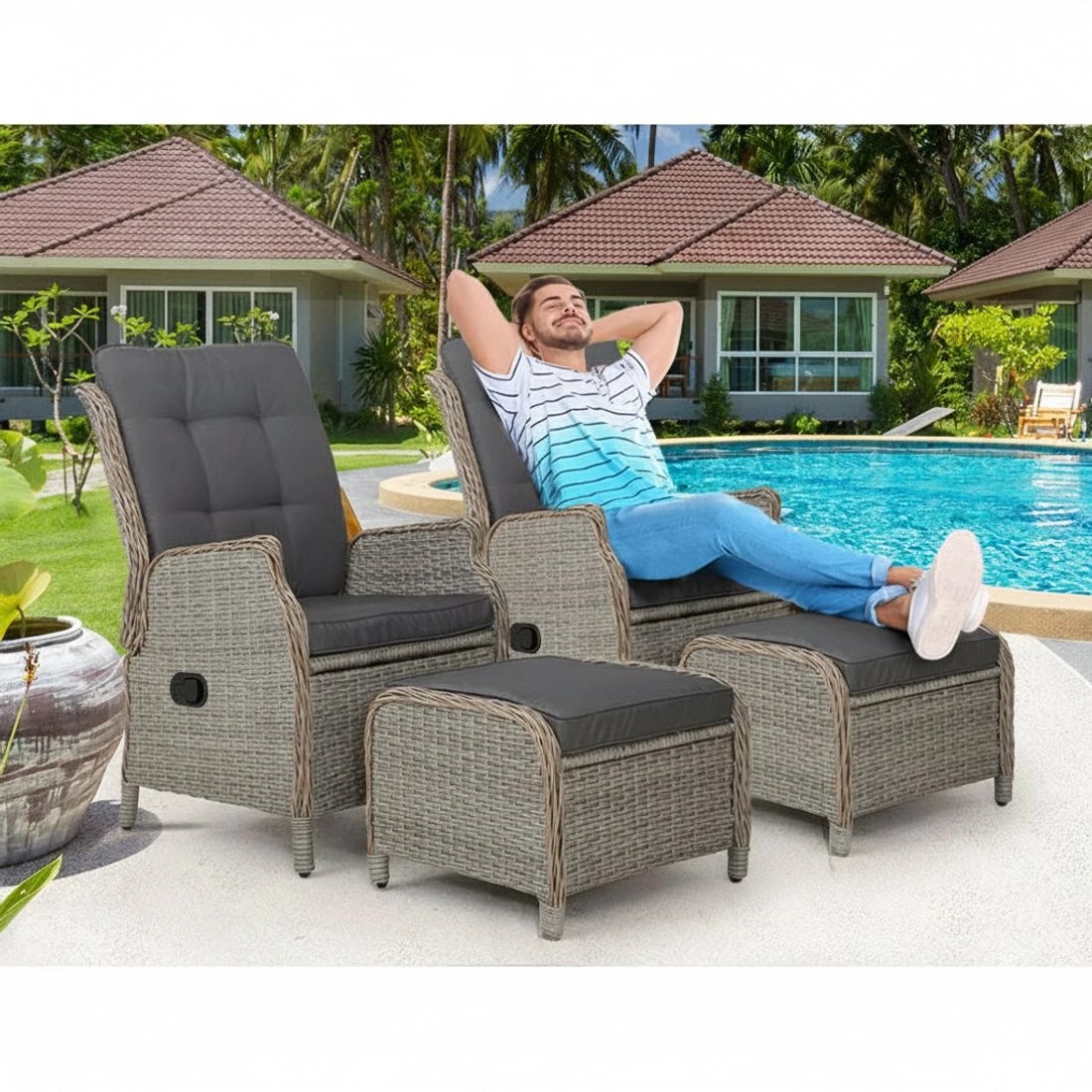 3 Gardeon 2PC Recliner Chair Sun lounge Wicker Lounger Outdoor Furniture - Grey, 3 of 5