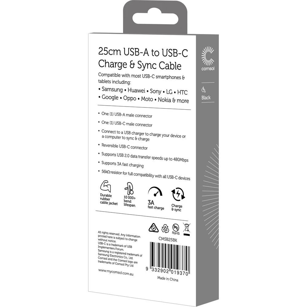 2 Comsol Silicone USB-A to USB-C Cable 25cm Black, 2 of 3
