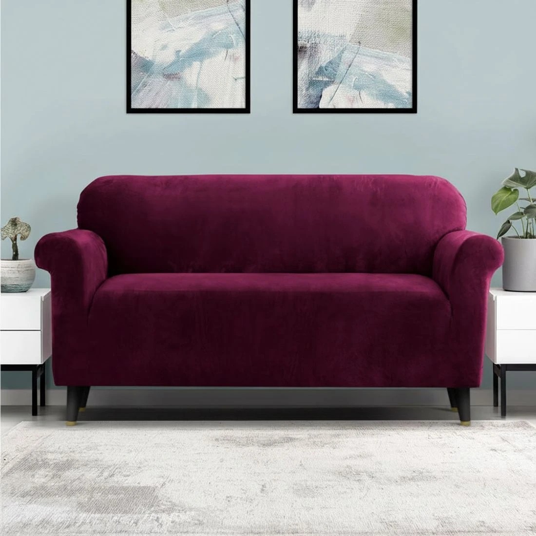 6 Artiss Sofa Cover Couch Covers 3 Seater Velvet Ruby - Red, 6 of 6