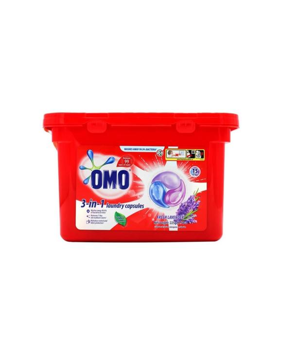 Omo 15pc 3-In-1 Laundry Capsules Fresh Lavender Front And Top Loader