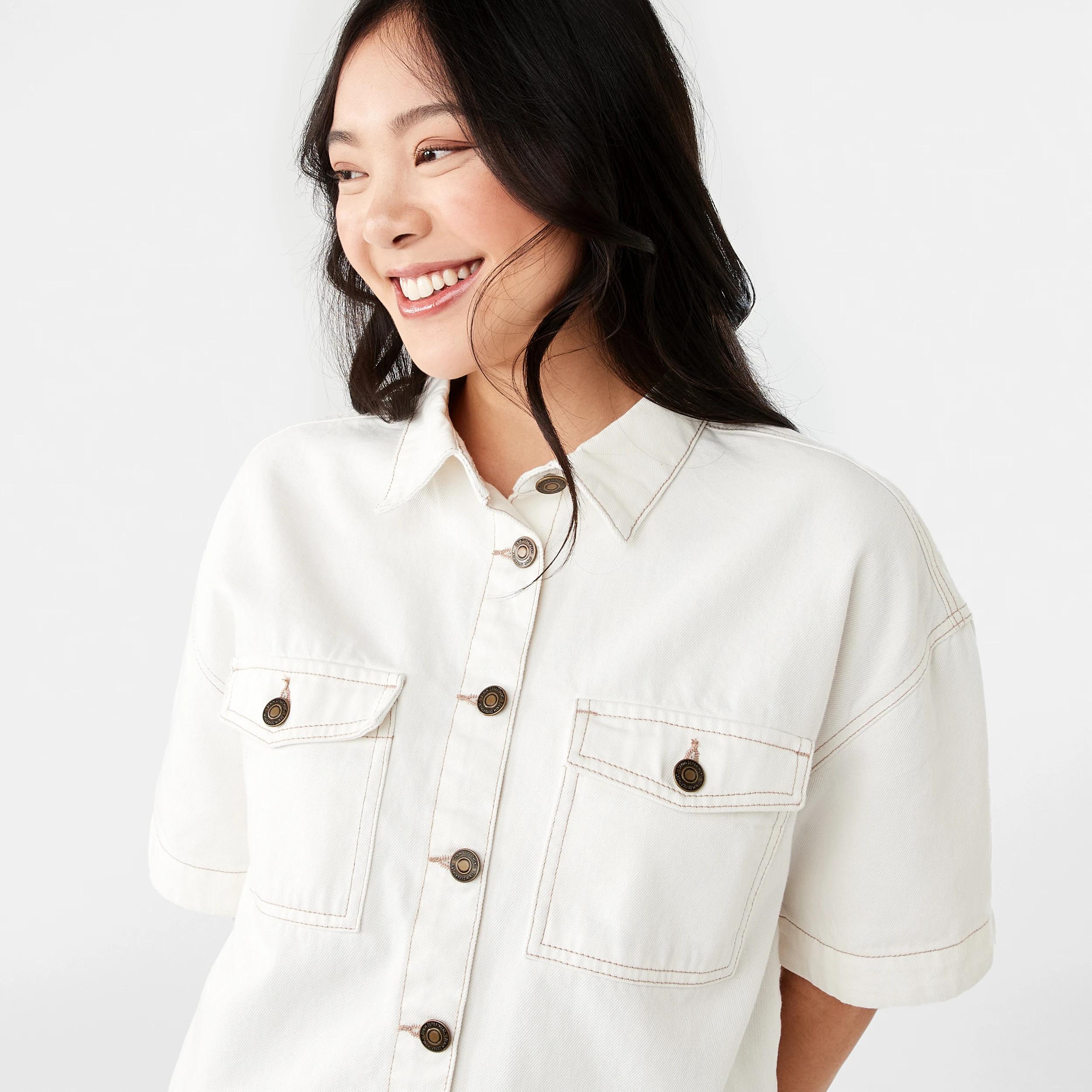 5 Short Sleeve Denim Cropped Shirt ECRU DENIM, 5 of 7