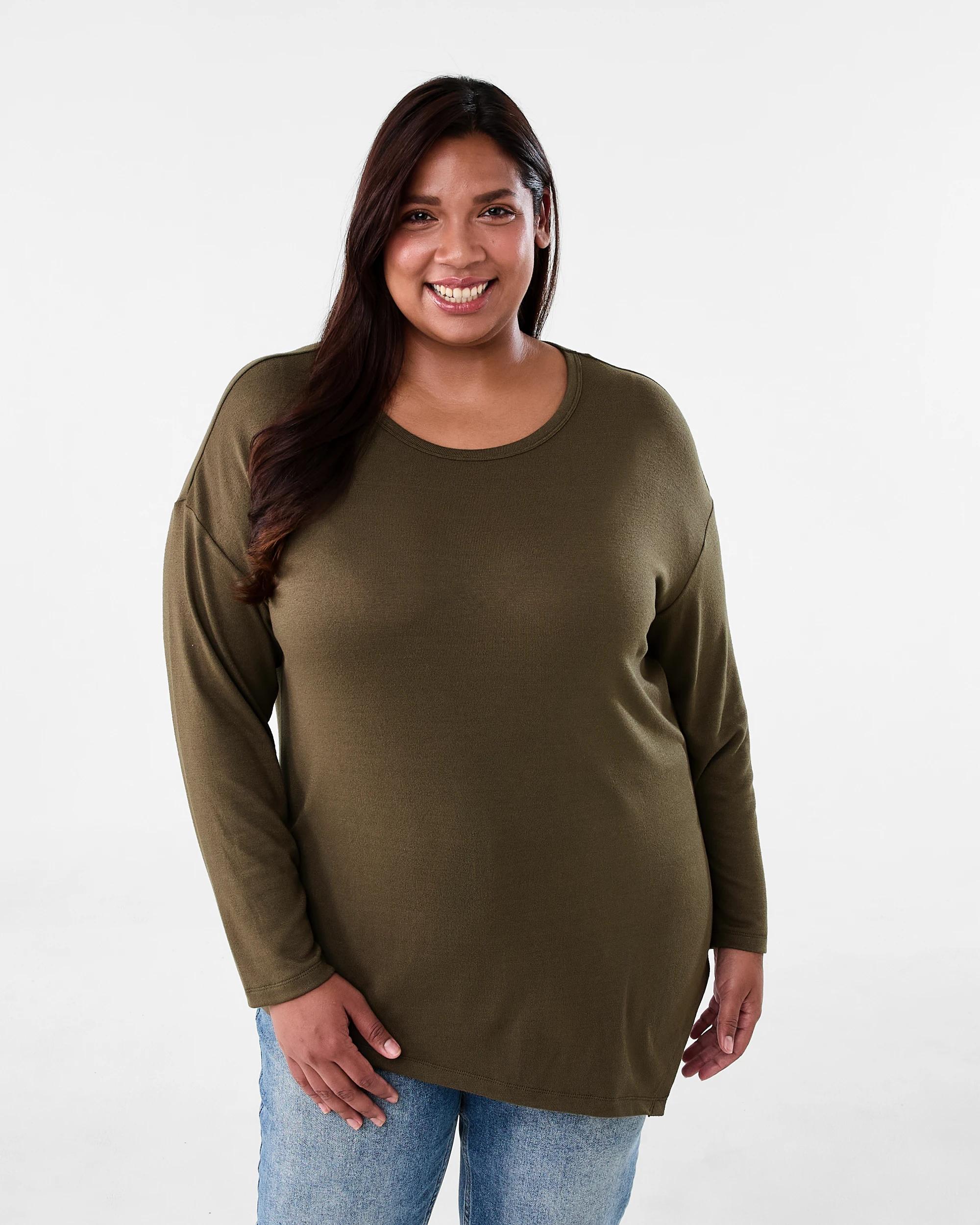 1 Curve Long Sleeve Brushed Asymmetrical Top Deep Olive, 1 of 6