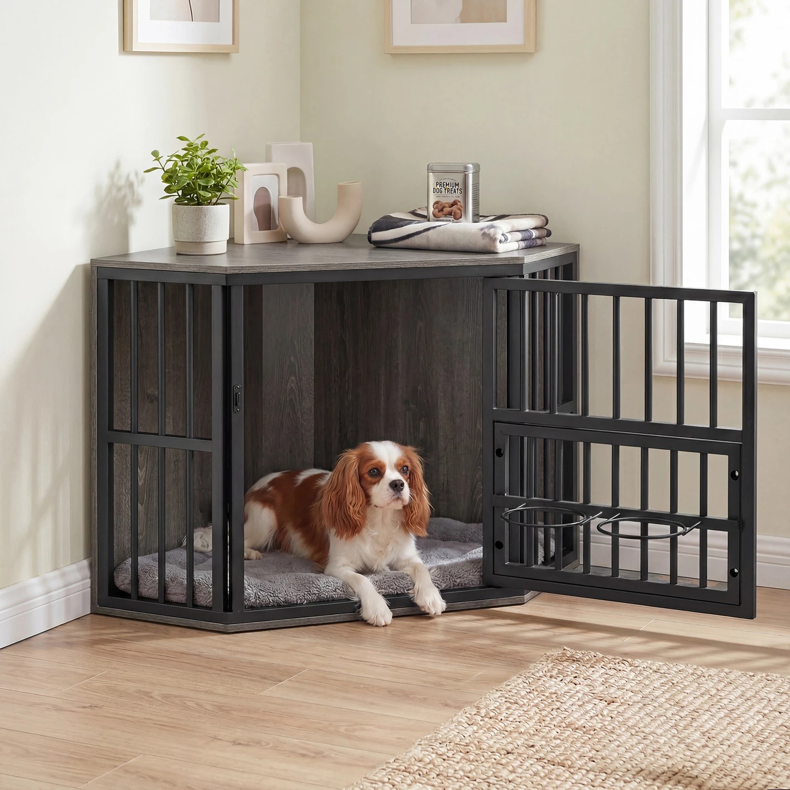 3 Costway Corner Dog Crate 2-in-1 Dog Kennel & TV Stand w/Dog Bowl Rack - Grey, 3 of 6