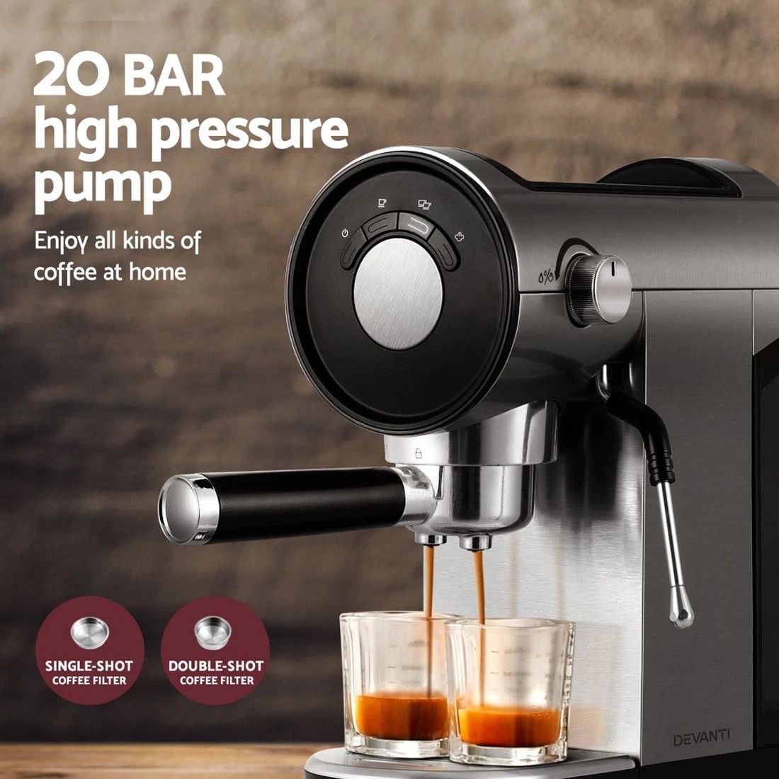 4 Devanti 20 Bar Coffee Machine Espresso Cafe Maker - Black, 4 of 5