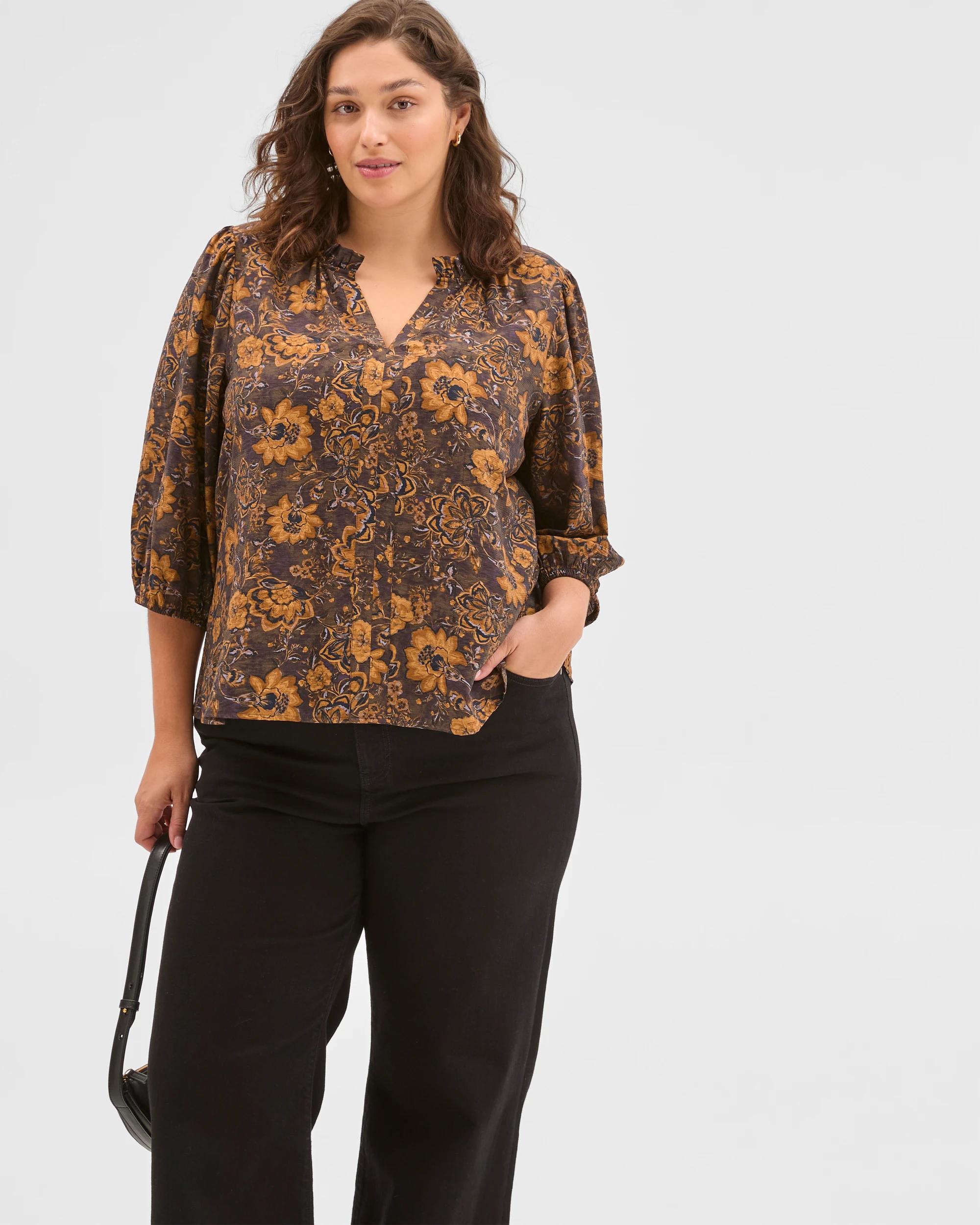 2 Target Curve Plus Size Long Sleeve Print Gathered Blouse BLACK COFFEE, 2 of 6