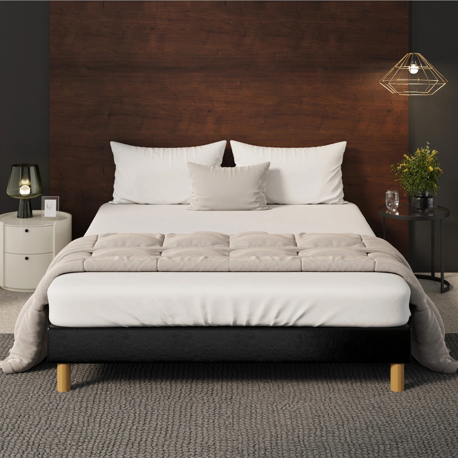 3 Oikiture Bed Frame Queen Size Bed Base PU Leather - Black, 3 of 9