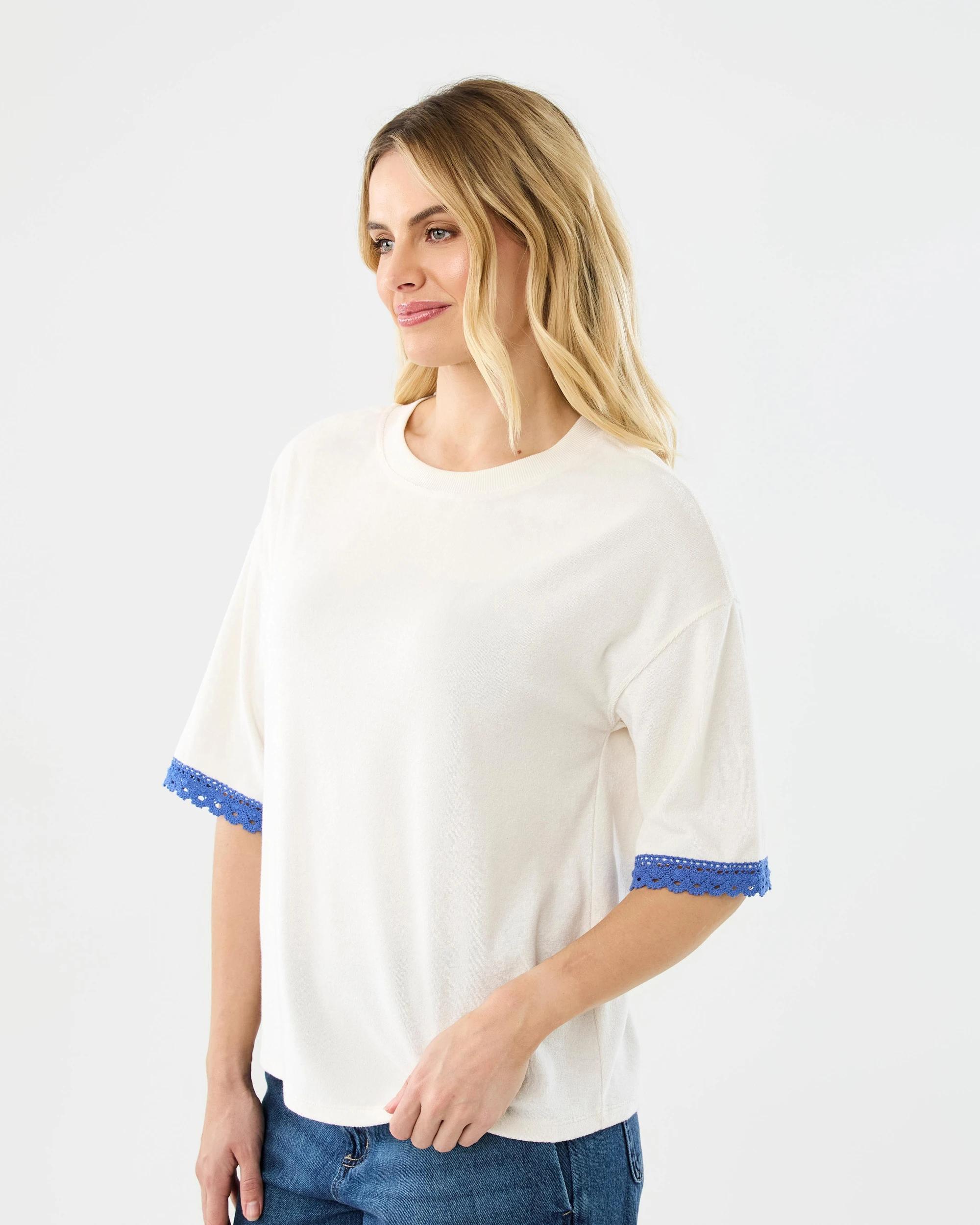 2 Short Sleeve Lace Trim Terry Sweatshirt Prtn White, 2 of 6