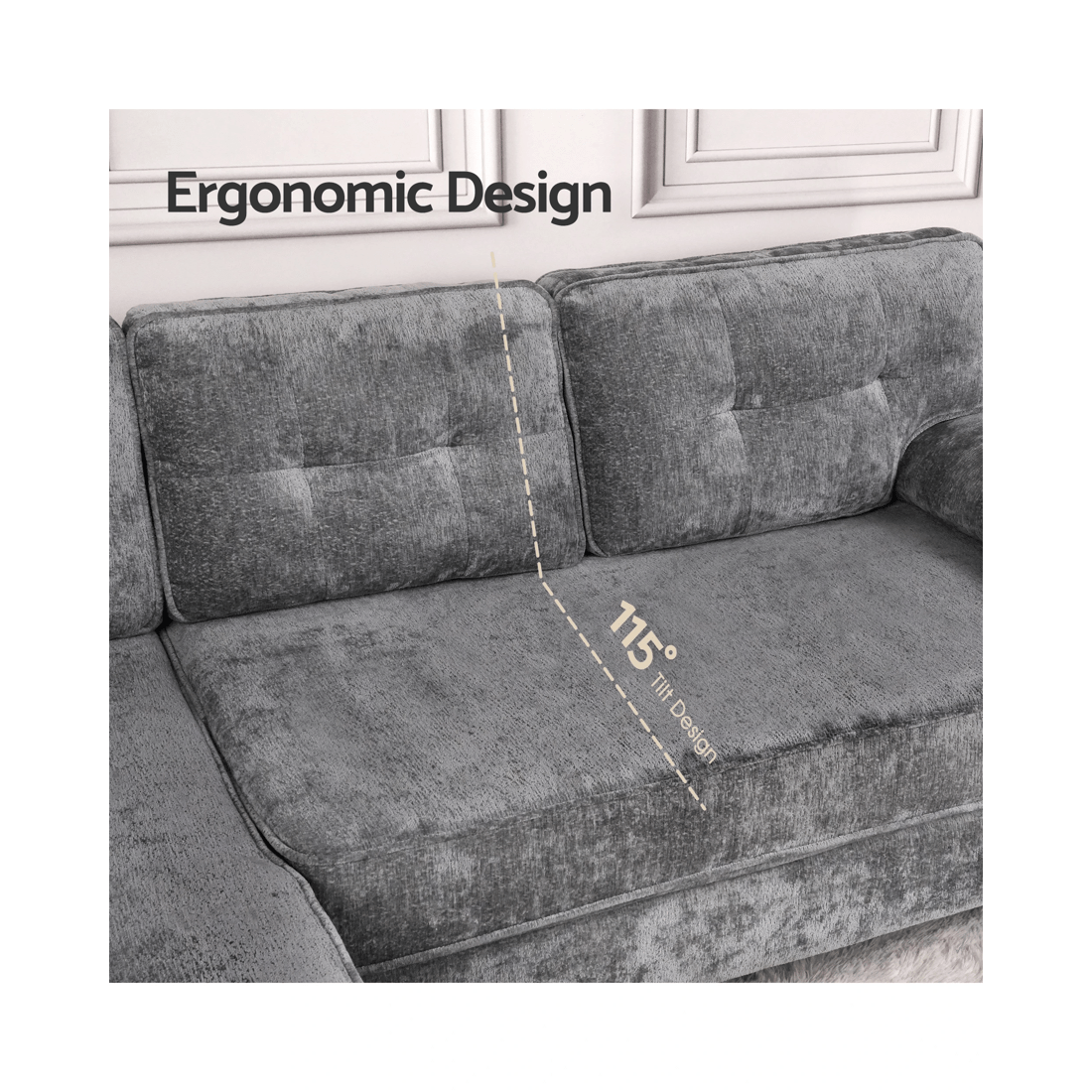 5 Advwin 3 Seater Sofa L-shape Chenille Lounge Couch W/ Reversible Chaise Grey, 5 of 9