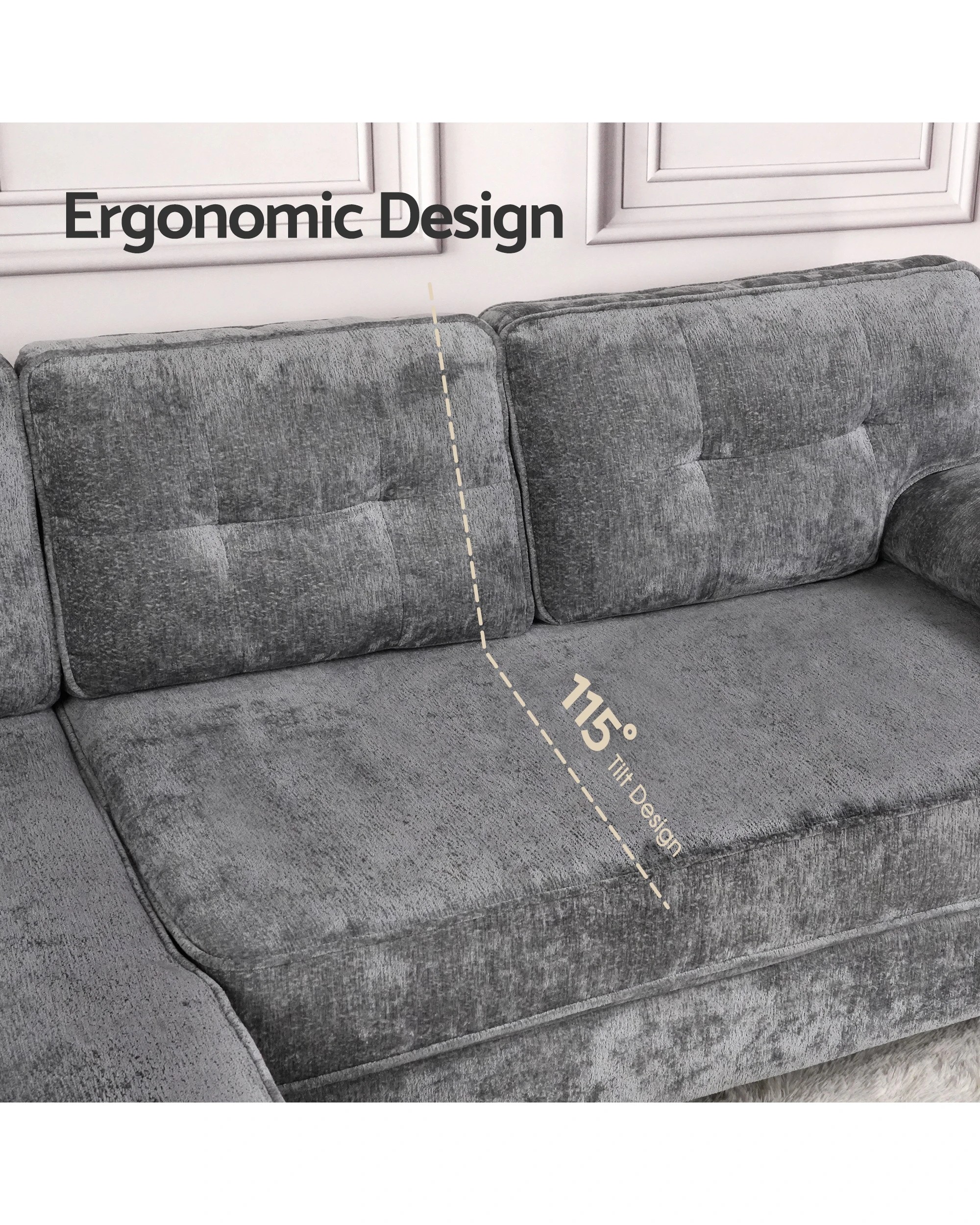 5 Advwin 3 Seater Sofa L-shape Chenille Lounge Couch W/ Reversible Chaise Grey, 5 of 9