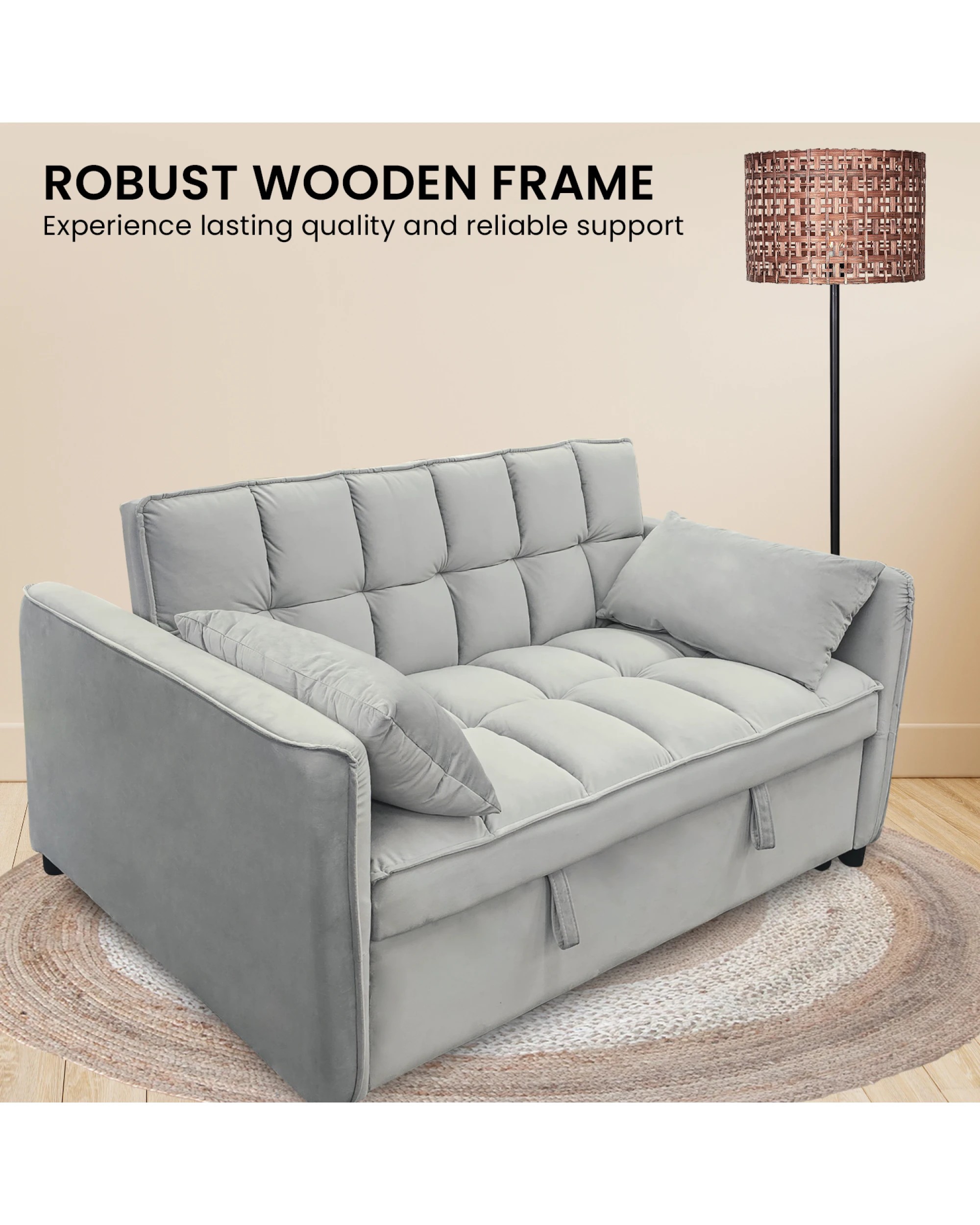 8 Sarantino Quincy 2-seater Velvet Sofa Bed In Light Grey With Wooden Frame And Tufted Design, 8 of 9