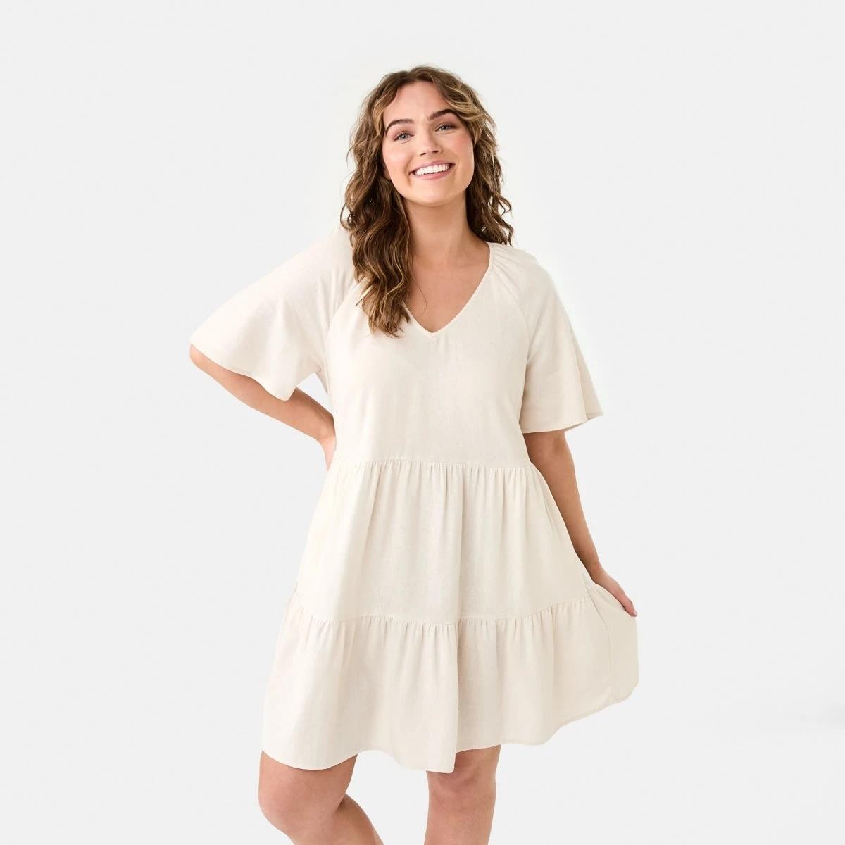 1 Short Sleeve Linen Blend Tiered Mini Dress NATURAL BEIGE, 1 of 10
