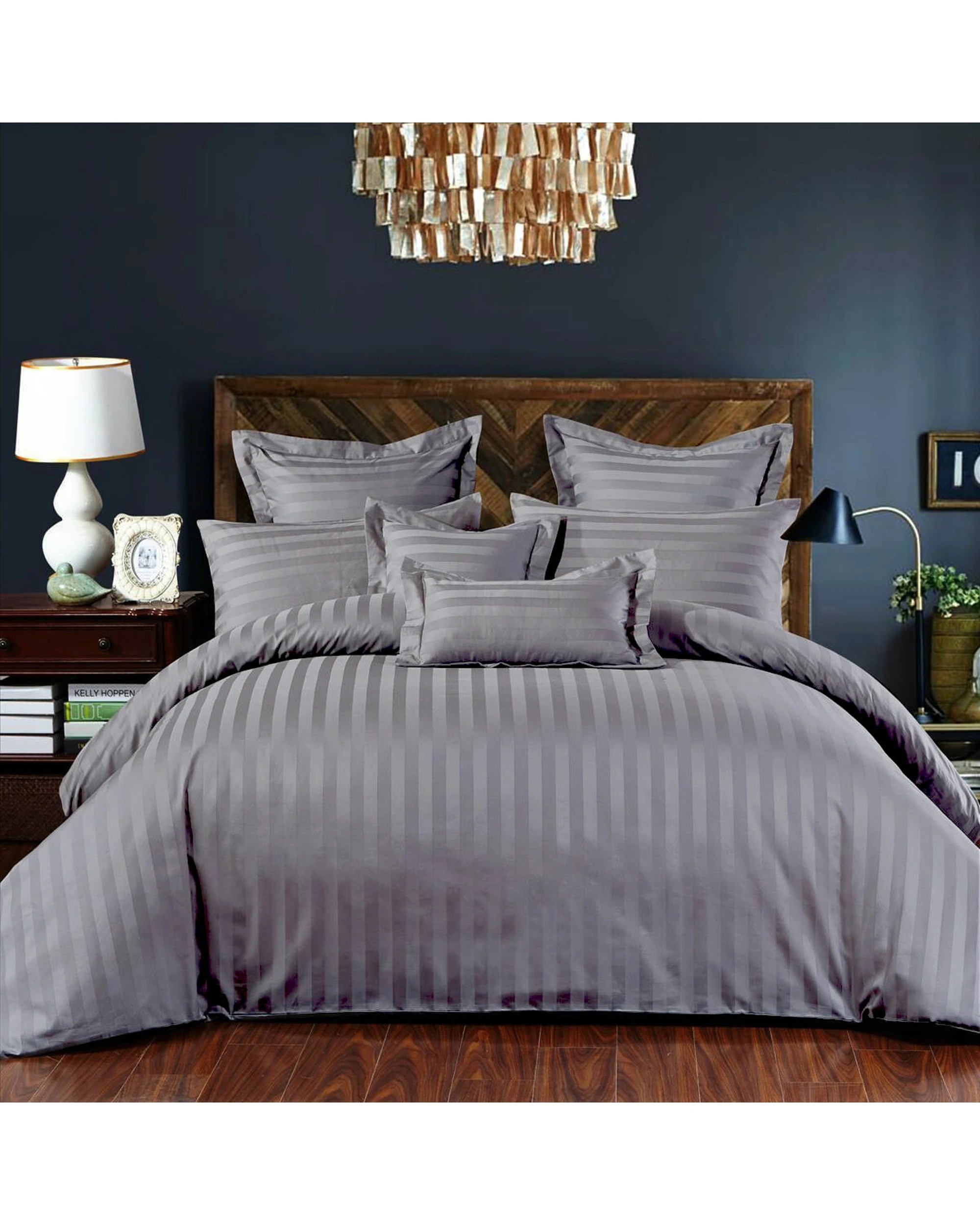 1 Cotton More 100% Cotton Striped Duvet Cover Set Bedding Queen - Grey, 1 of 3