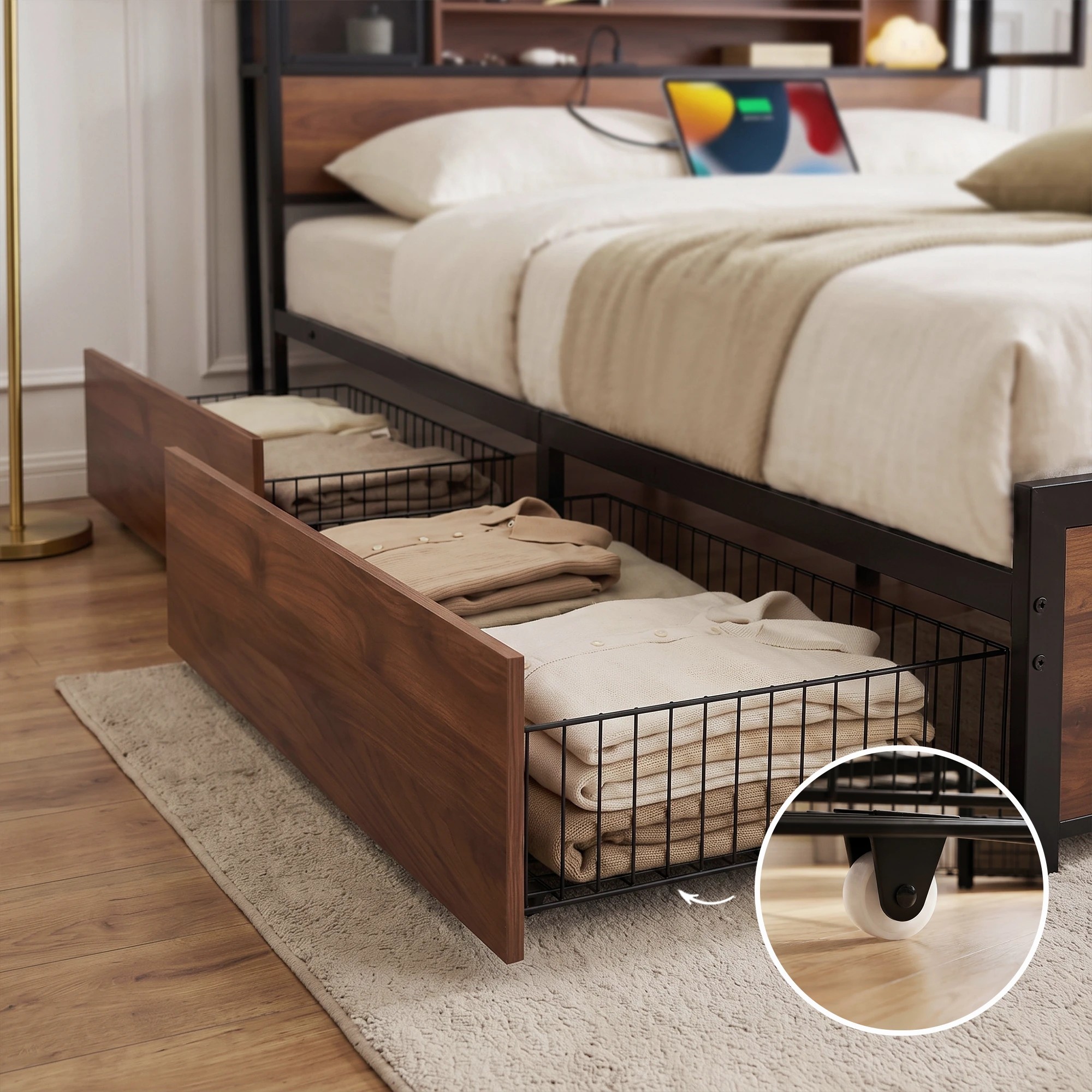 6 Artiss Frame with Charging Station 4 Drawers Storage - Queen Bed - Natural, 6 of 8