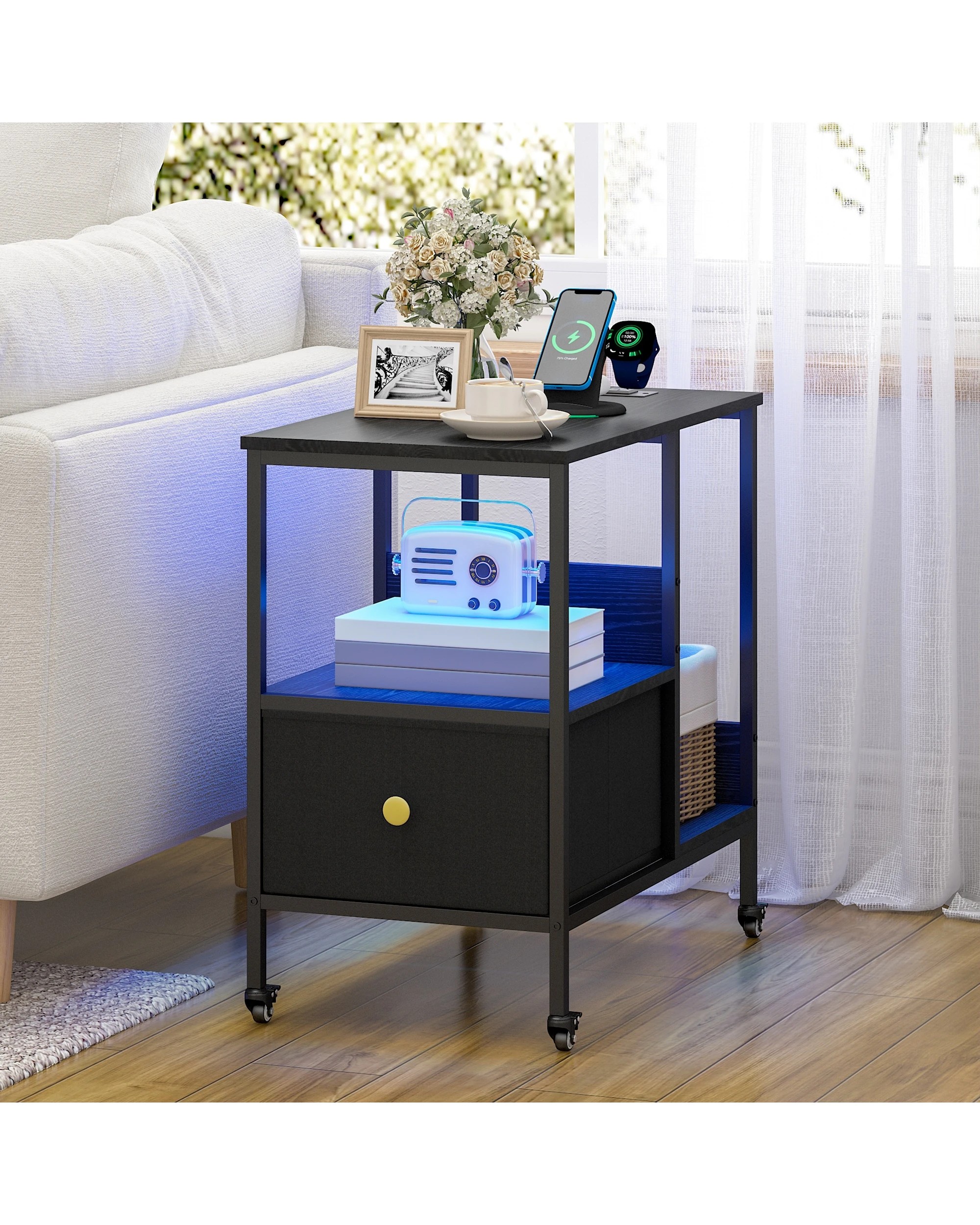 8 Advwin LED Side Table Set of 2 Sofa End Table w/ Power Outlets & Wheels Slim Bedside Table w/Reversible Drawer  - Black, 8 of 9