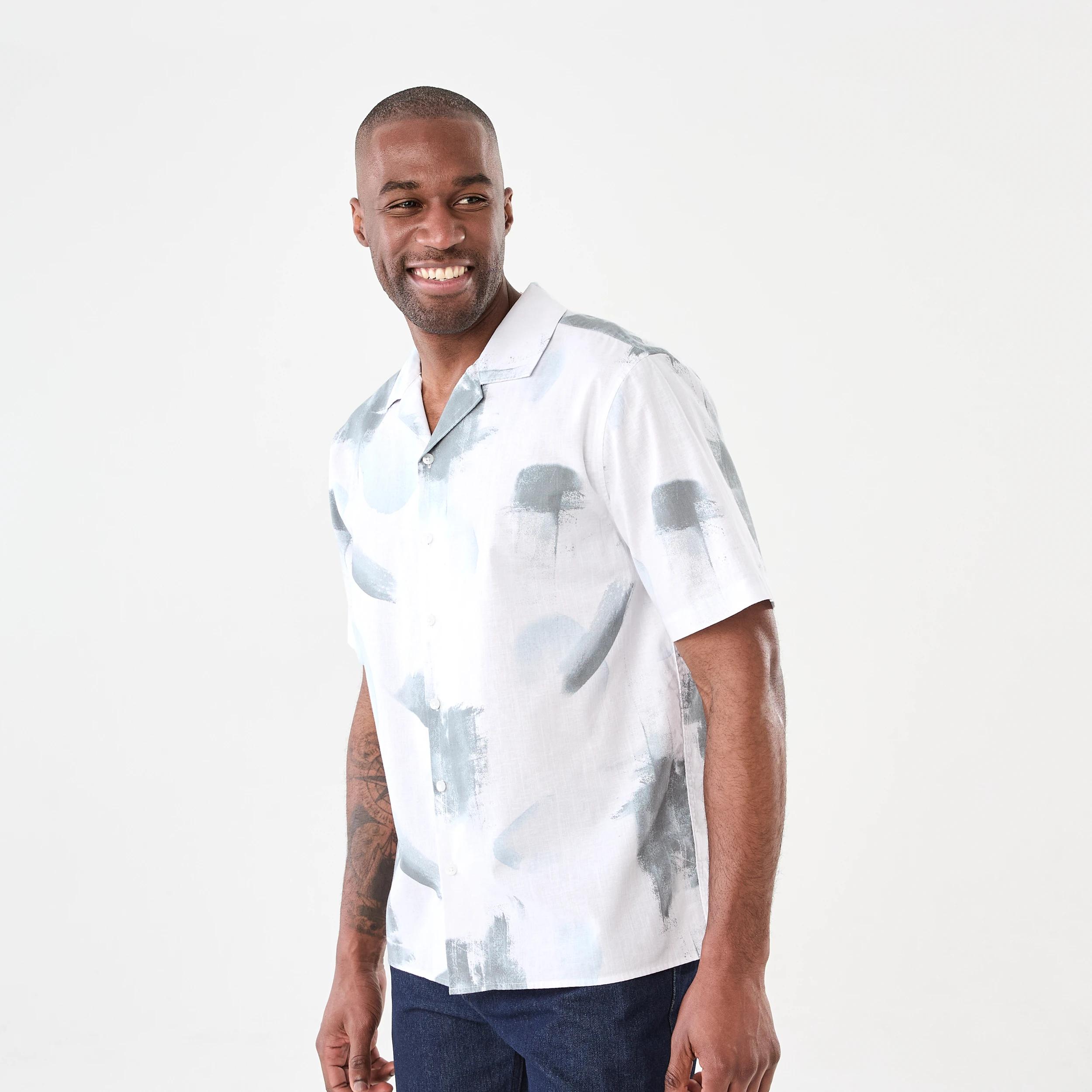 2 Short Sleeve Print Cotton Linen Shirt Blu Pntext, 2 of 6