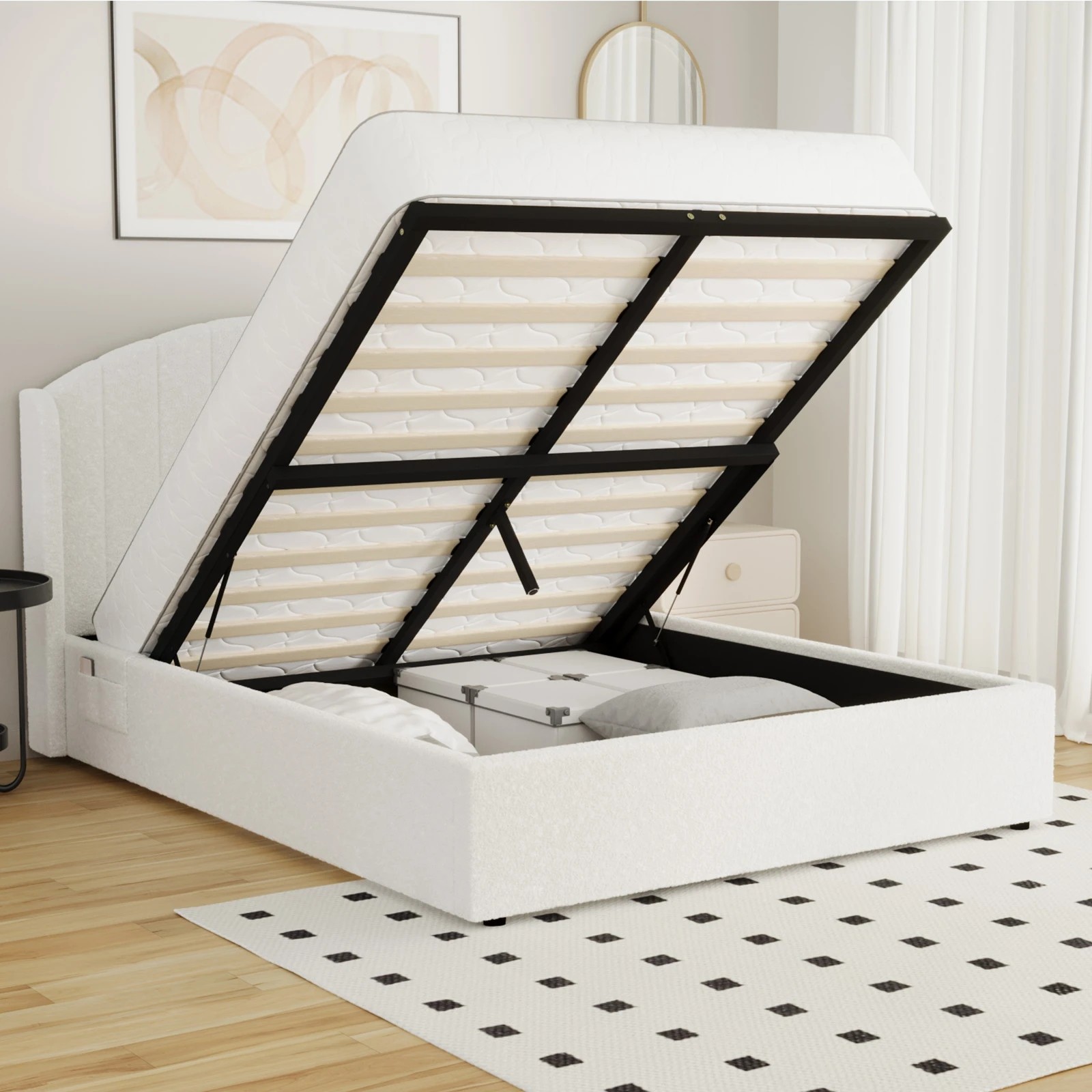 4 Oikiture Bed Frame Queen Size With Gas Lift Storage USB Charging Boucle - White, 4 of 8