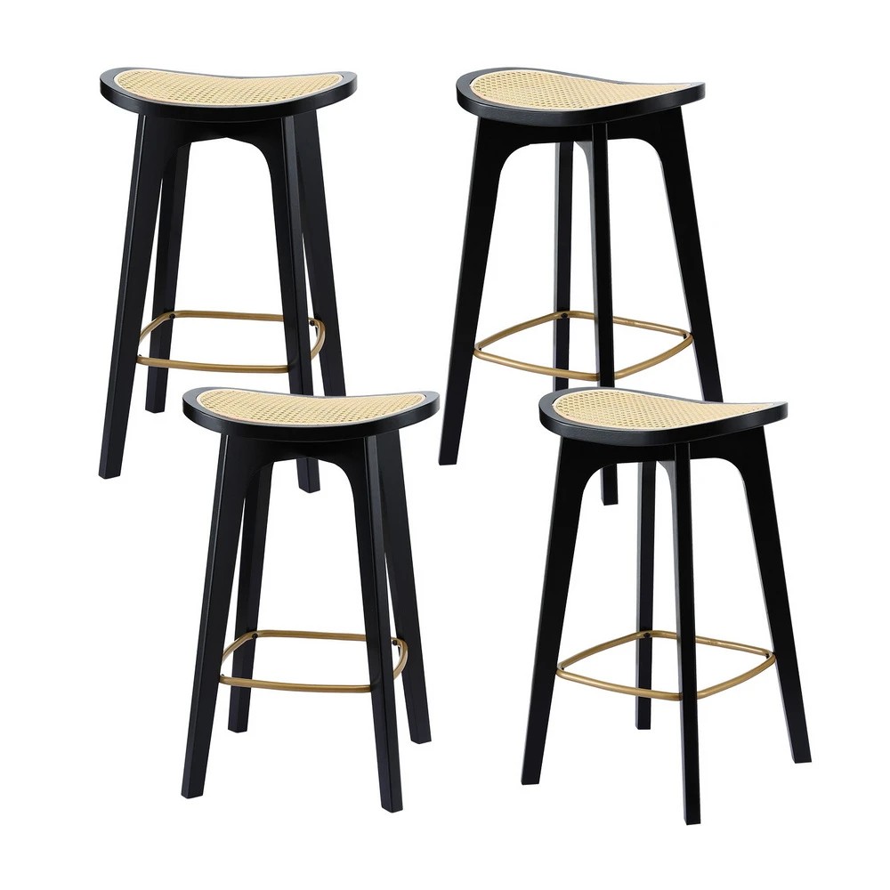 1 Artiss 4x Bar Stools Rattan Counter Kitchen Dinning Chair Bamboo Saddle - Black, 1 of 7